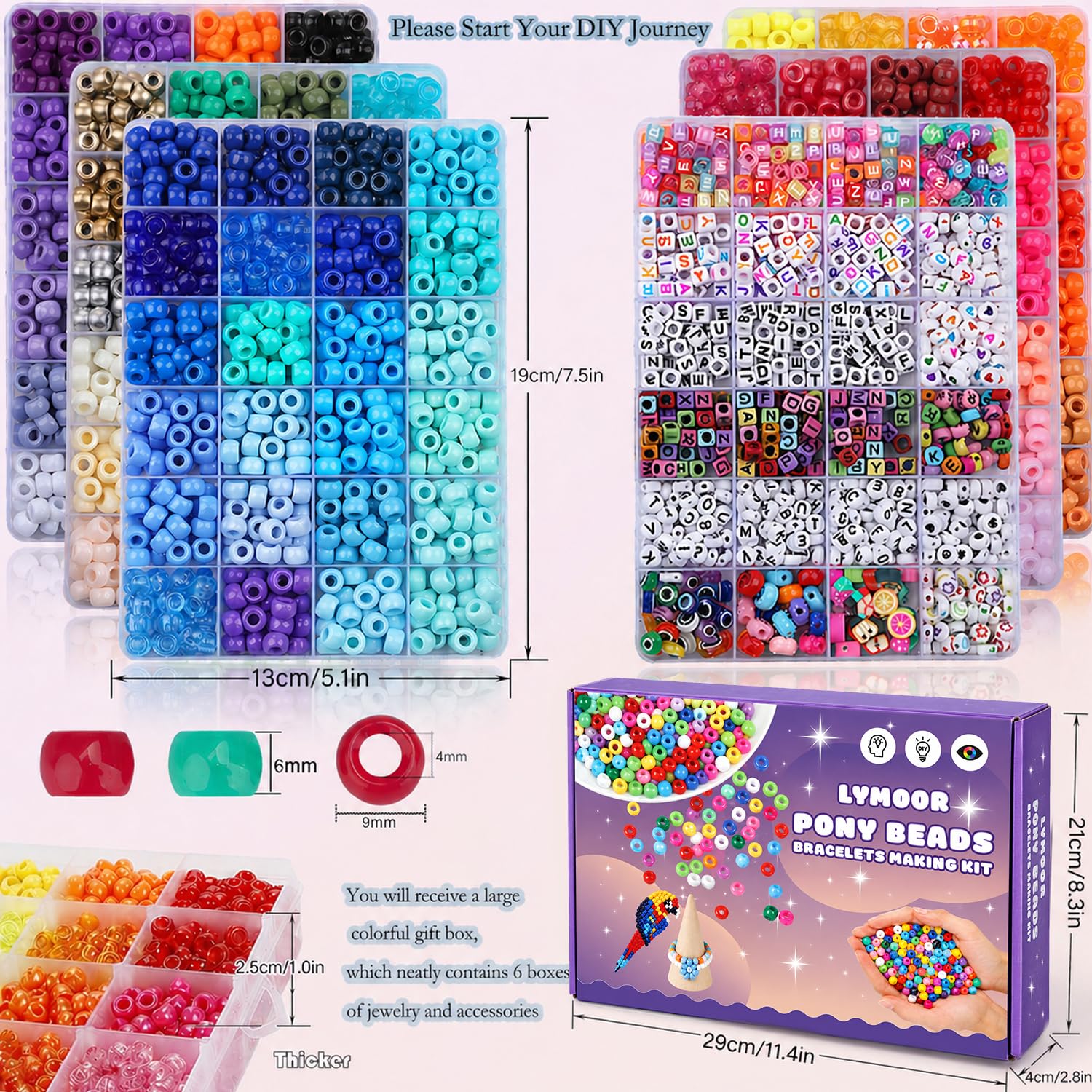 LYMOOR 4240 - Juego de cuentas de pony, 120 colores, incluye 1000 cuentas Kandi de ojo de arcilla arcoíris para hacer pulseras, cuentas de pelo para joyas, collares, manualidades, con caja de regalo y