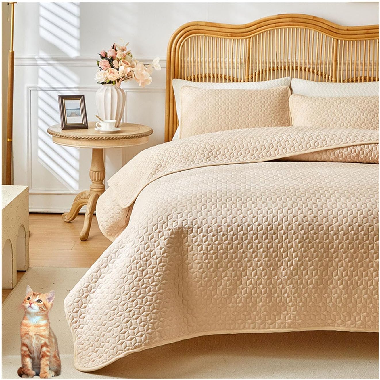 ベッドカバー 掛け布団 3 枚セット 無地 通気性 冷房対策 ソファ 洗濯機で洗えます ベージュ 264*230cm