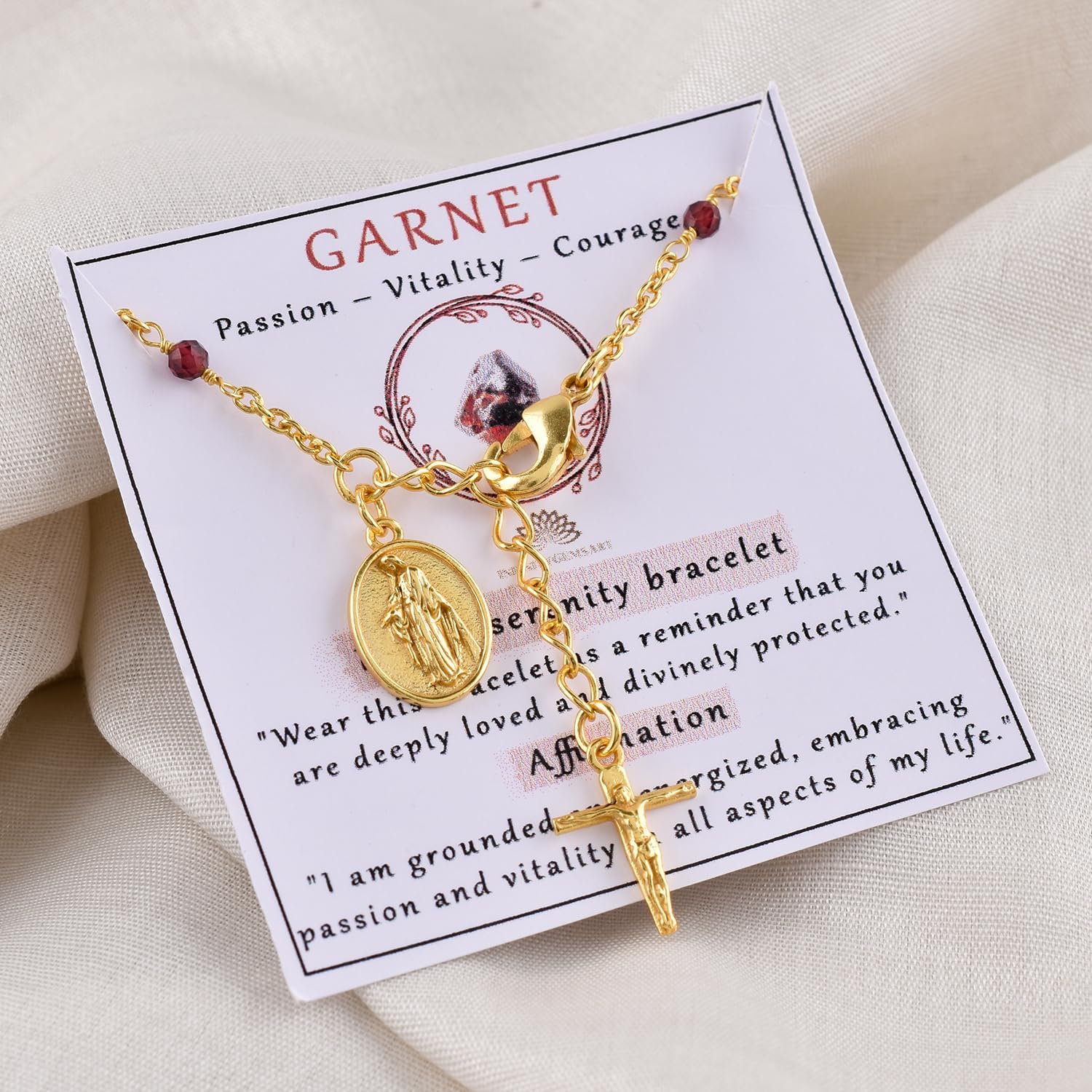 InfinityGemsArt Gemstone Bracelets For Women Birthstone Jewelry Micro Beads Crystals and Healing Stones, Virgin Mary Jesus Christ Cross Charm Bracelet, 18K Gold Plated Chain 8 inch