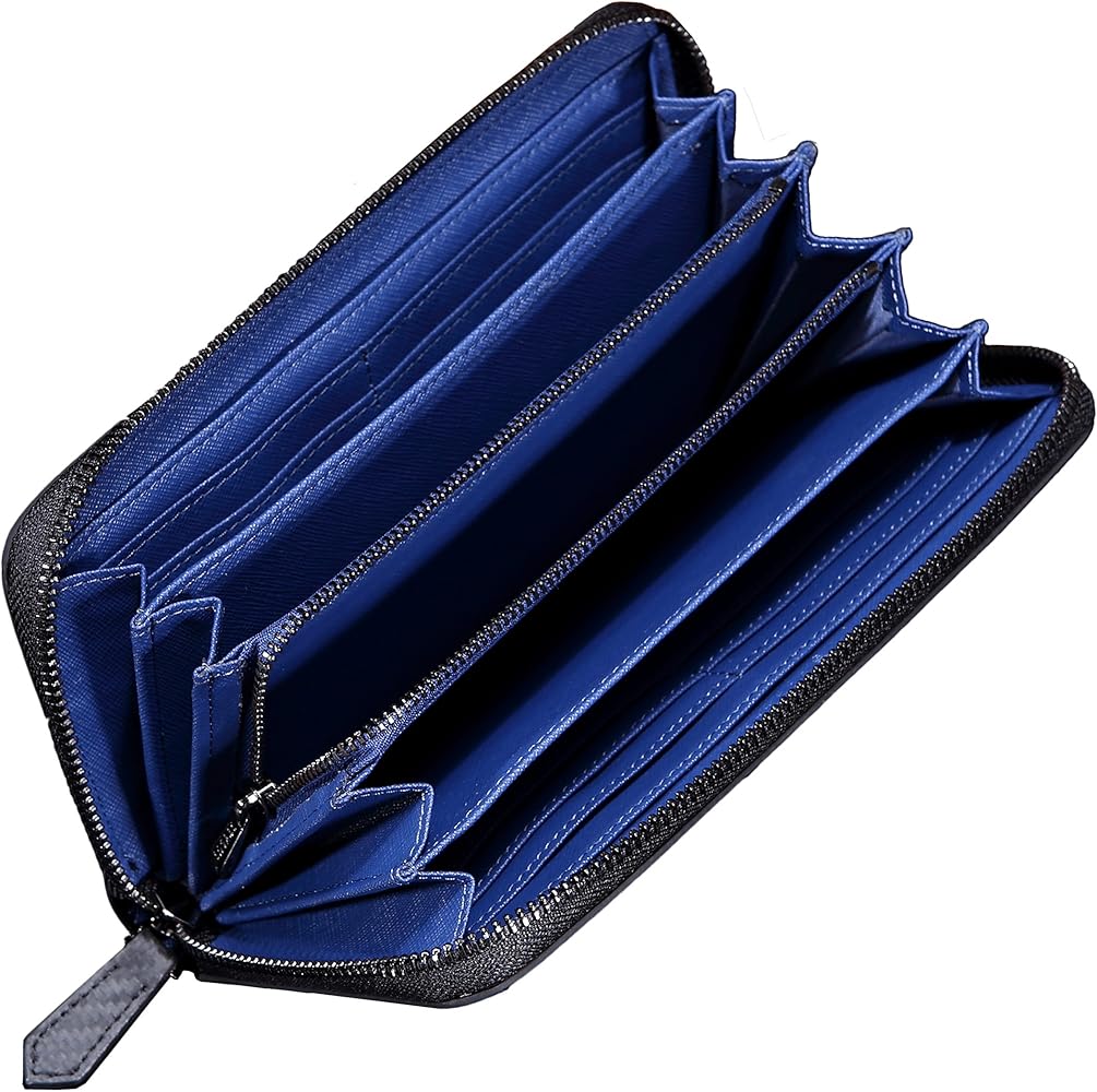 最安 本革仕様 高級カーボンレザー 長財布青 レディースl ラウンド