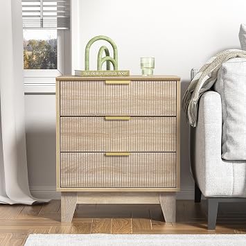 Night Stand with 3 Large Rattan Drawers, Accent End Table,Narrow Side Tables, Boho Bedside Table with Solid Wooden Legs for Bedroom, Small Space