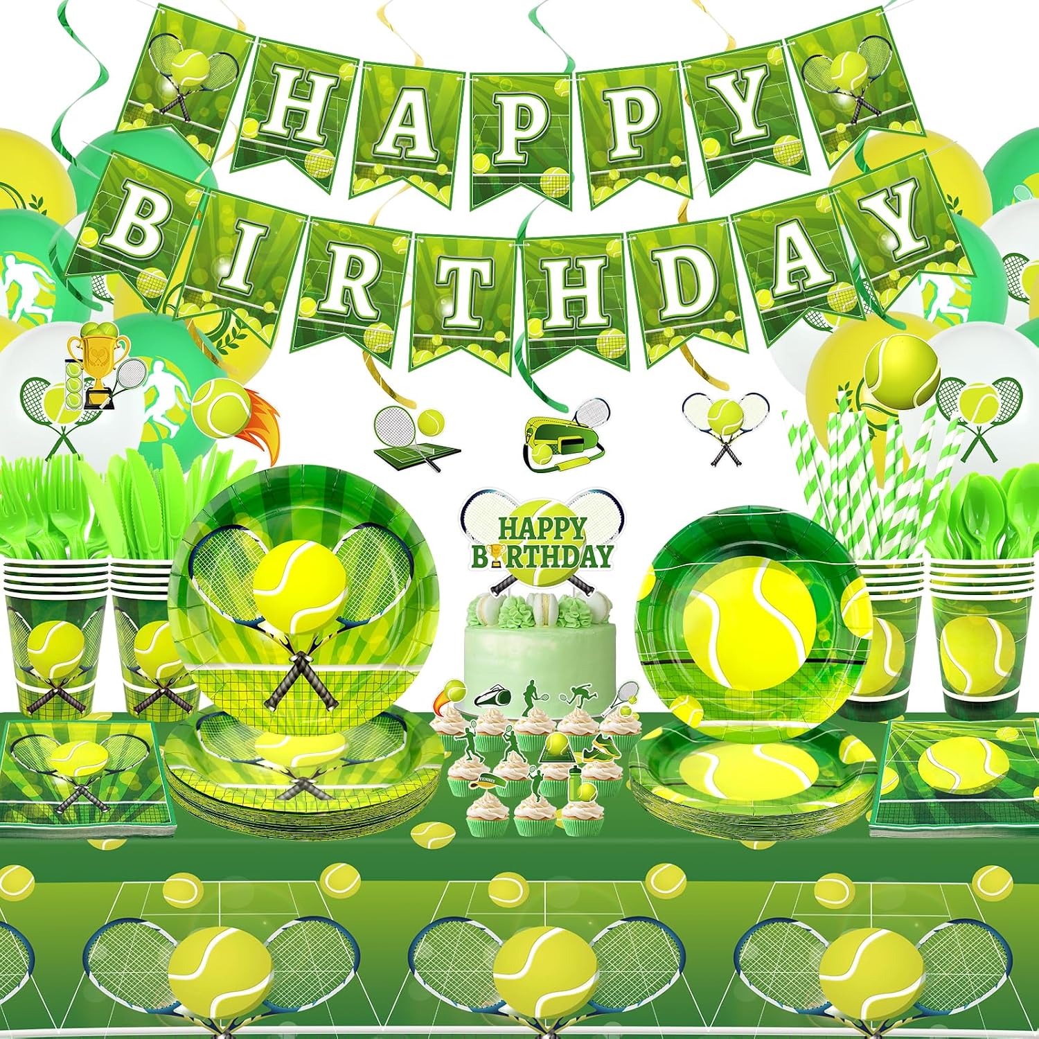 Tennis Birthday Party Decorations - Tennis Party Supplies including Banner, Plate, Cake Topper, Cup, Napkin, Balloon, Tablecloth - Serves 20