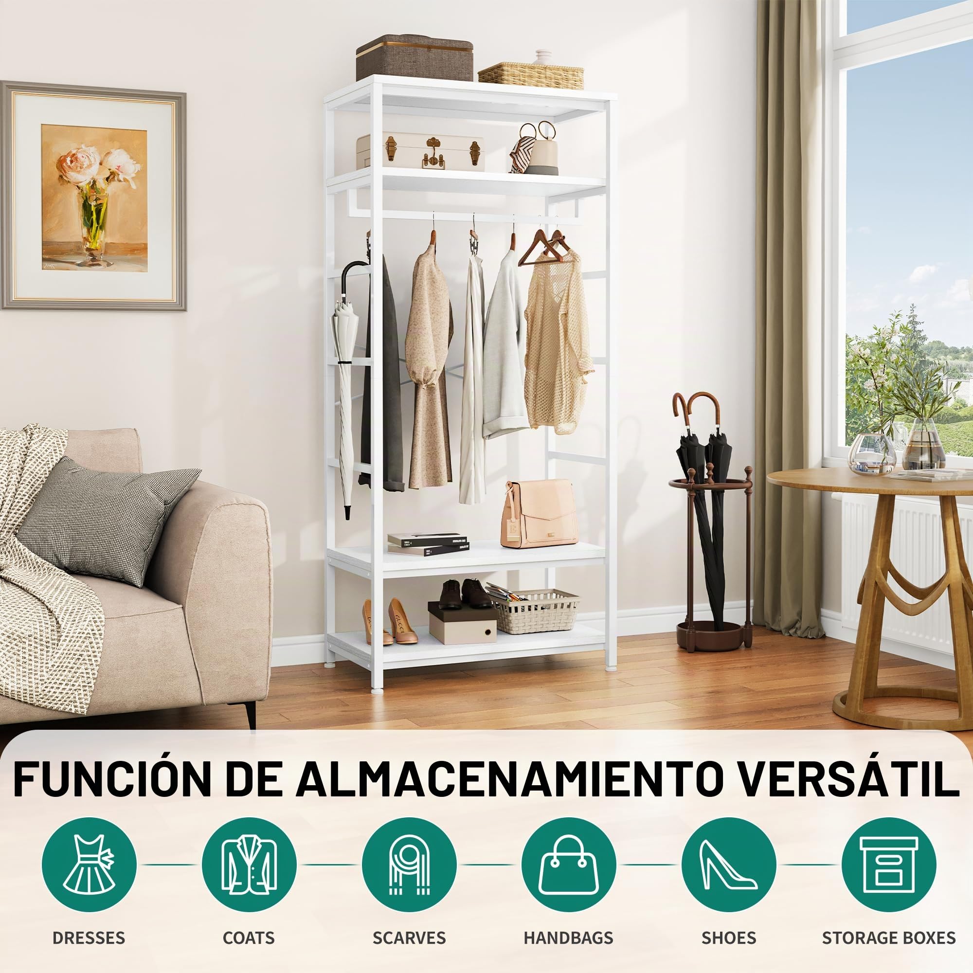 YITAHOME Perchero de Pie con Zapatero, Árbol de Pasillo con 4 Estantes, Barra Industrial para Ropa, Estantería para Guardar Ropa para entrada pasillo sala de estar, Blanco