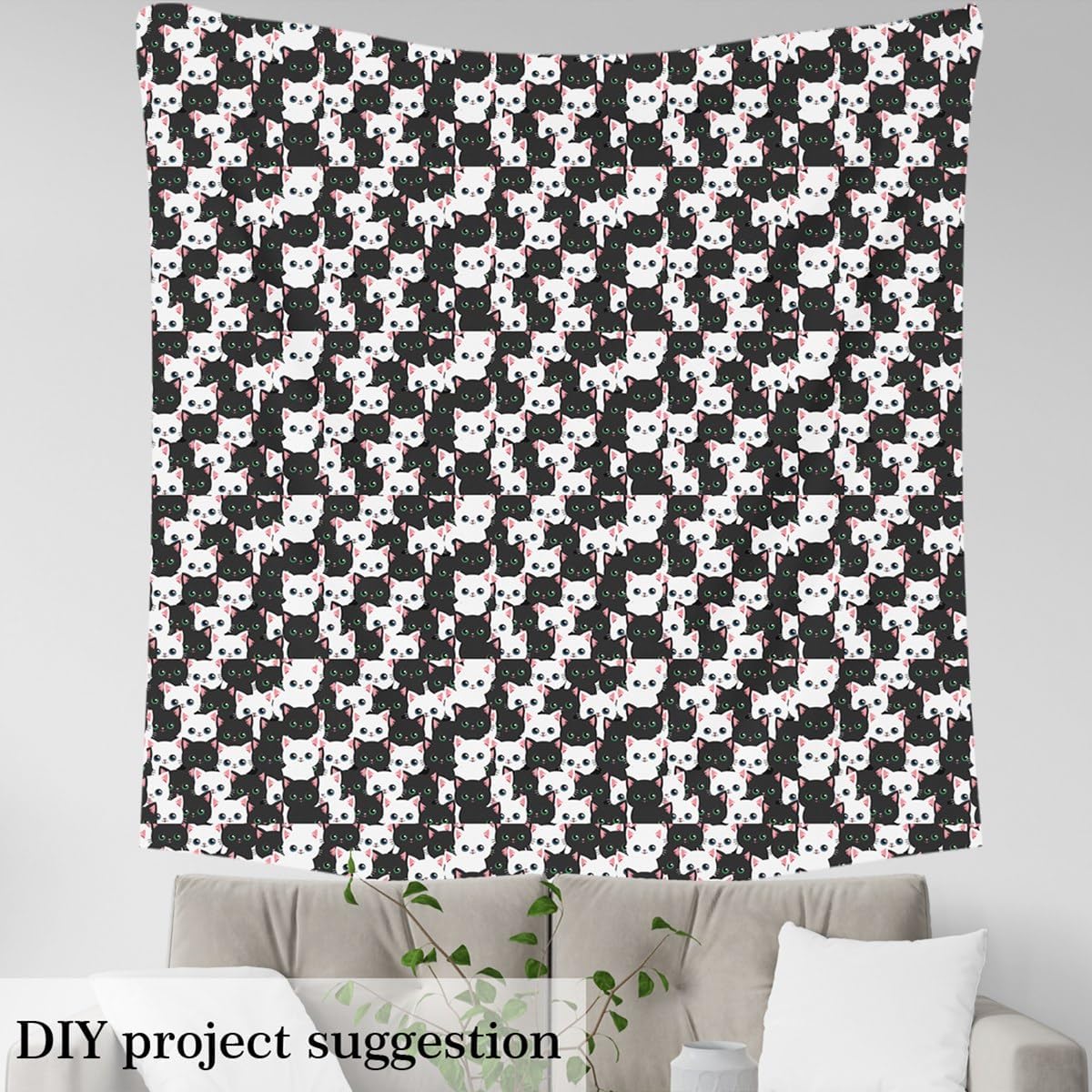 Feelyou Cartoon Cat Fabric by The Yard 3 Yards Kids Gradient Line Cat Decorative Waterproof Outdoor Fabric Cute Cat Upholstery Fabric for Chairs Black White Decor DIY Reupholstery Fabric