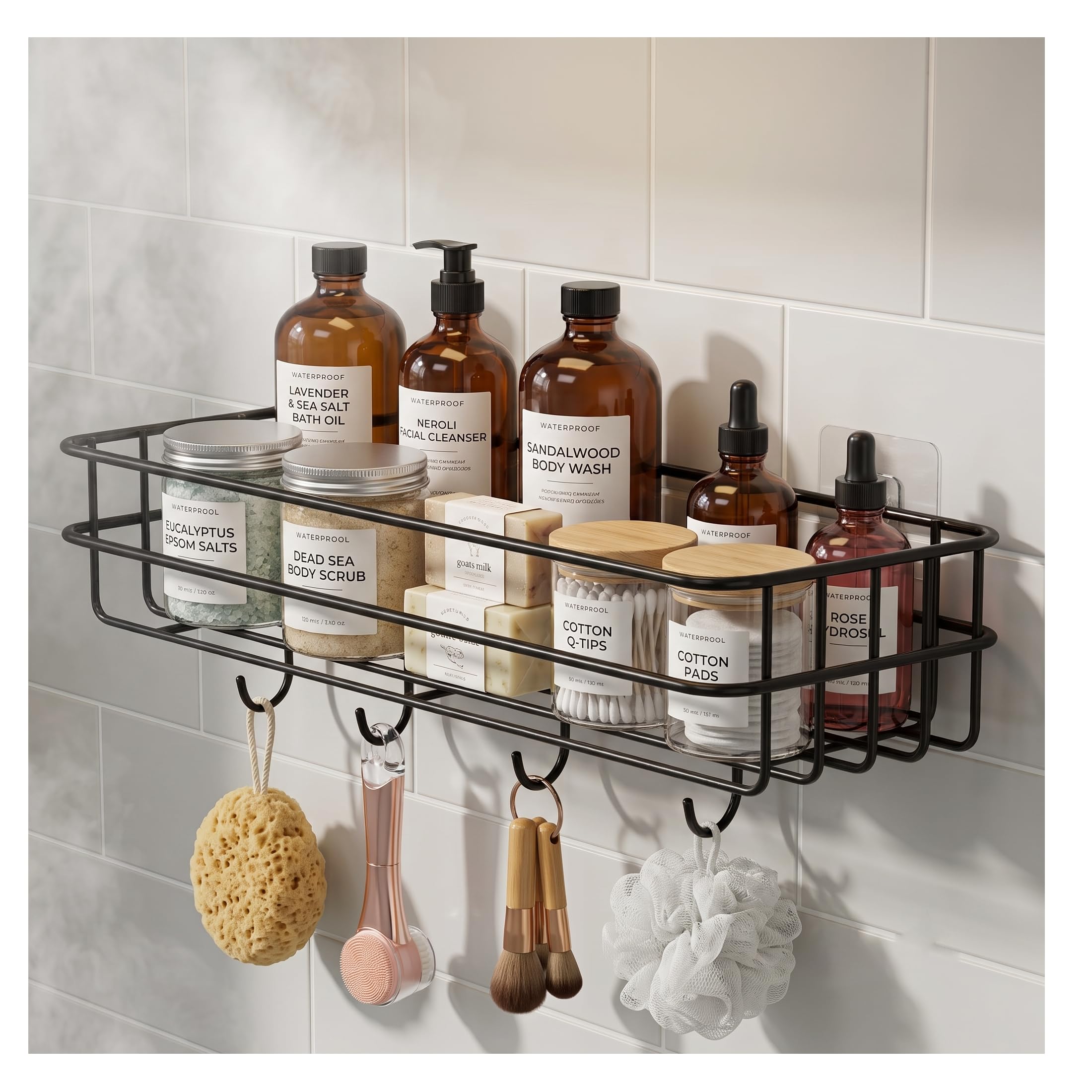 Bindian Self-Adhesive Bathroom Shelf with Hooks | No-Drill Wall Mounted Shower Caddy Organizer | Rustproof Bathroom Storage Rack for Shampoo, Soap & Toiletries | Space Saving Adhesive Shelf (1, Black) | With Hooks-image-42