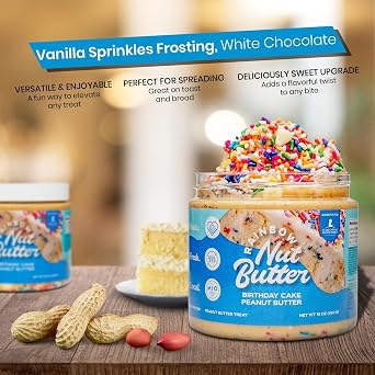 Rainbow Nut Butter, Birthday Cake Peanut Butter Spread, Treat, Snack, Vanilla Sprinkles Frosting, White Chocolate, High Protein Flavored Nut Butter, (16oz Jar).