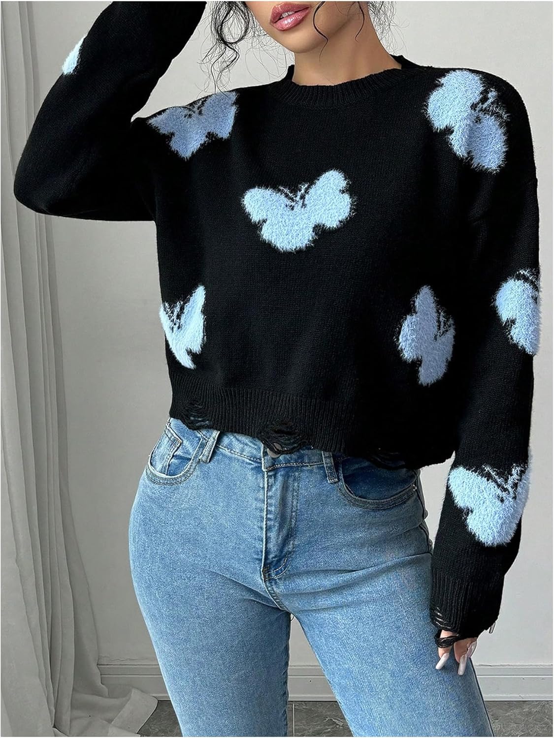 Verdusa Women's Butterfly Ripped Y2k Crop Sweater Crew Neck Graphic Pullover Knit Tops Fall Clothes - Image 3