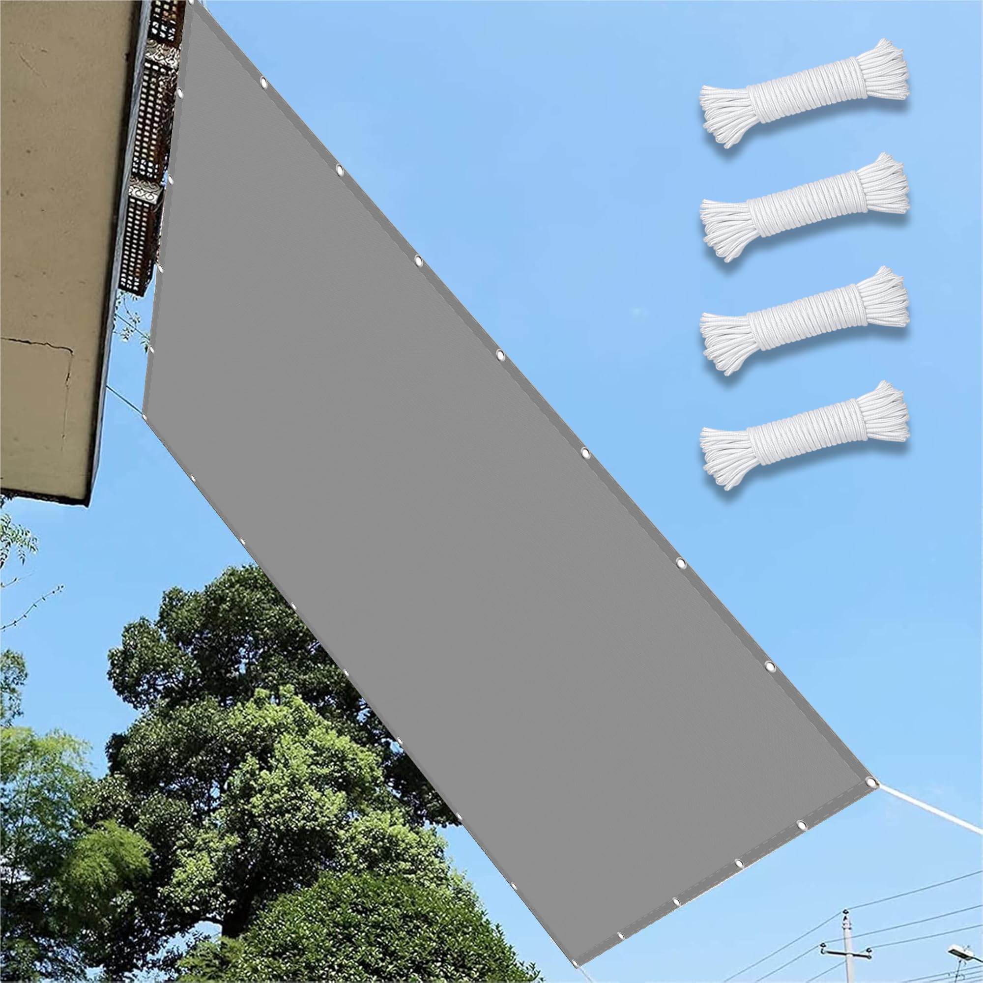 Voile d'ombrage contre la chaleur sur balcon toile gris clair anti-déchirure facile à fixer