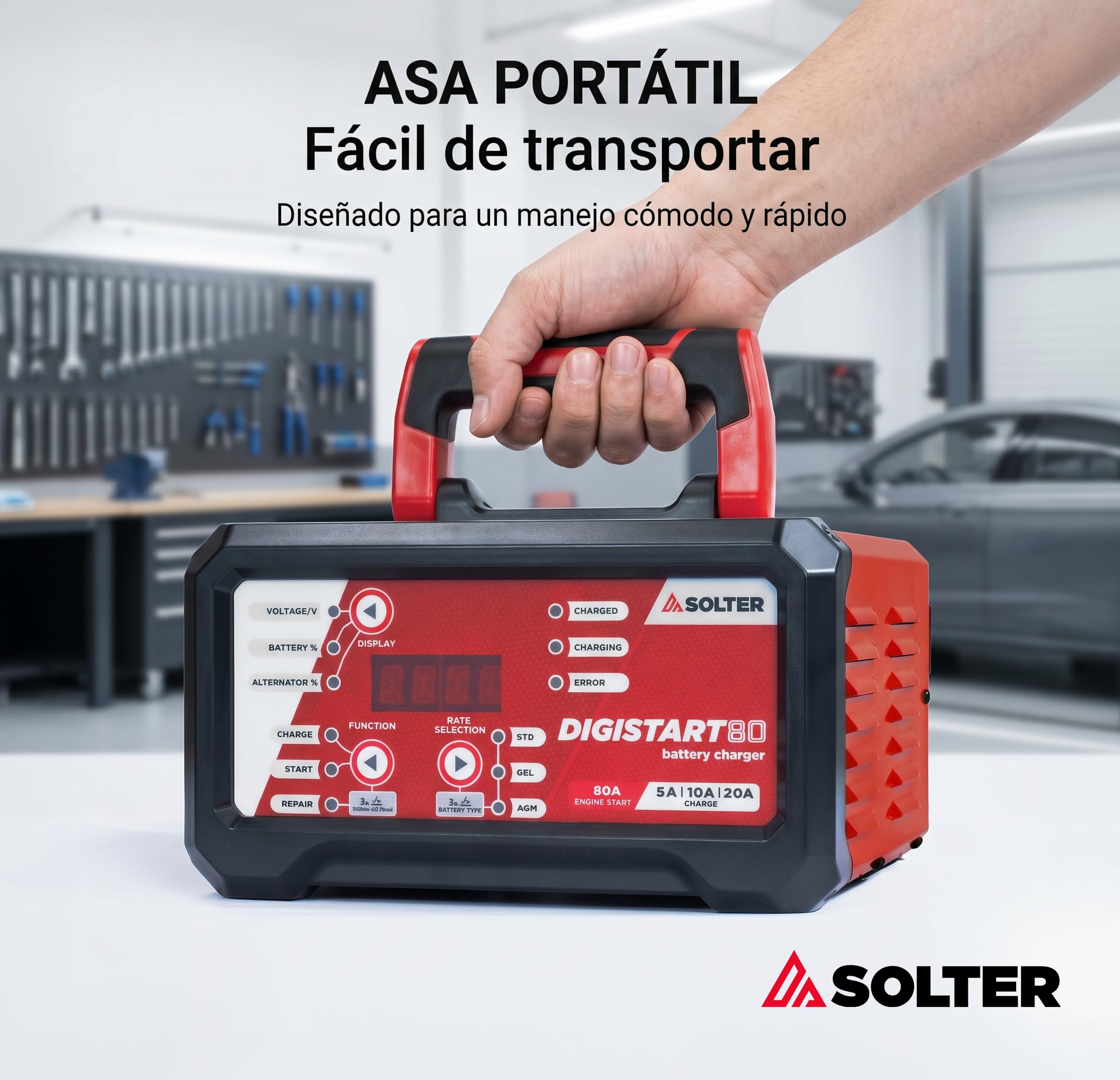 Solter Cargador arrancador baterías 12/24V, DIGISTART 80, Carga automática 10 etapas 5/10/20A, Arranque 80A 5 s, Modo reparación y Test alternador