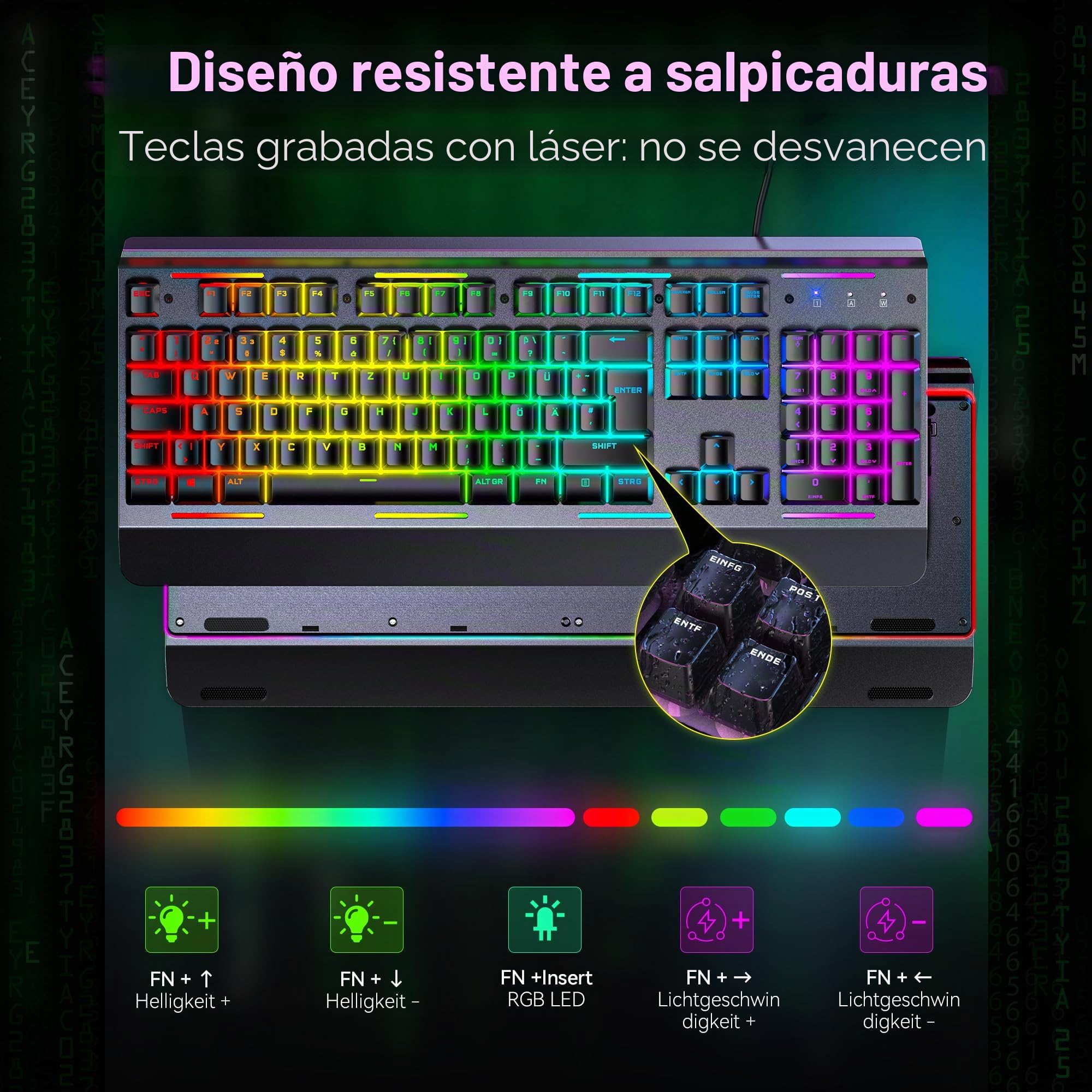 TECKNET Teclado RGB para videojuegos, teclado de membrana con 105 teclas, panel de metal, teclado con cable con reposamuñecas, iluminación RGB de 15 zonas, teclado de ordenador, 25 teclas