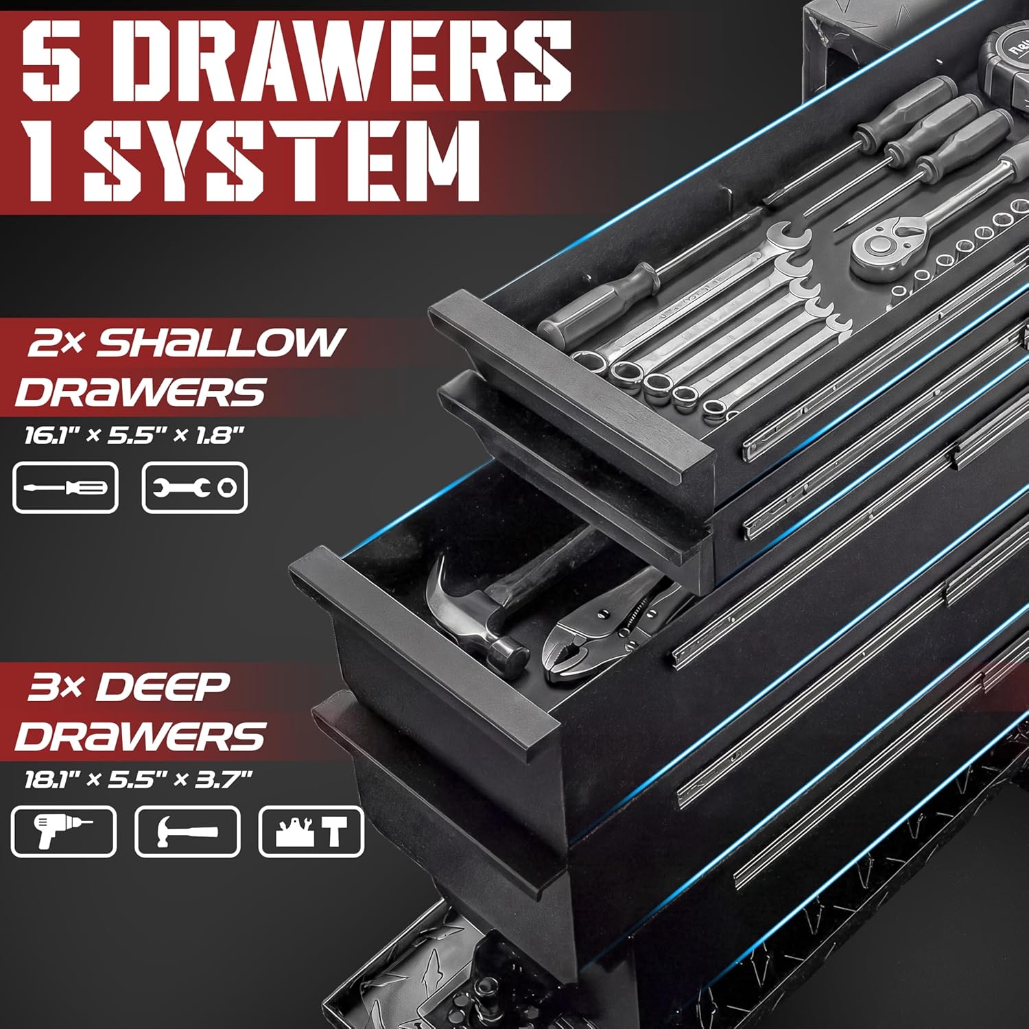 Truck Bed Tool Box with 5-Drawer Slides | Lockable Heavy-Duty Tool Chest Storage for Pickup, Jobsite & Side Trucks | 8-Inch Toolbox with Key (Black Aluminum - T Handle)