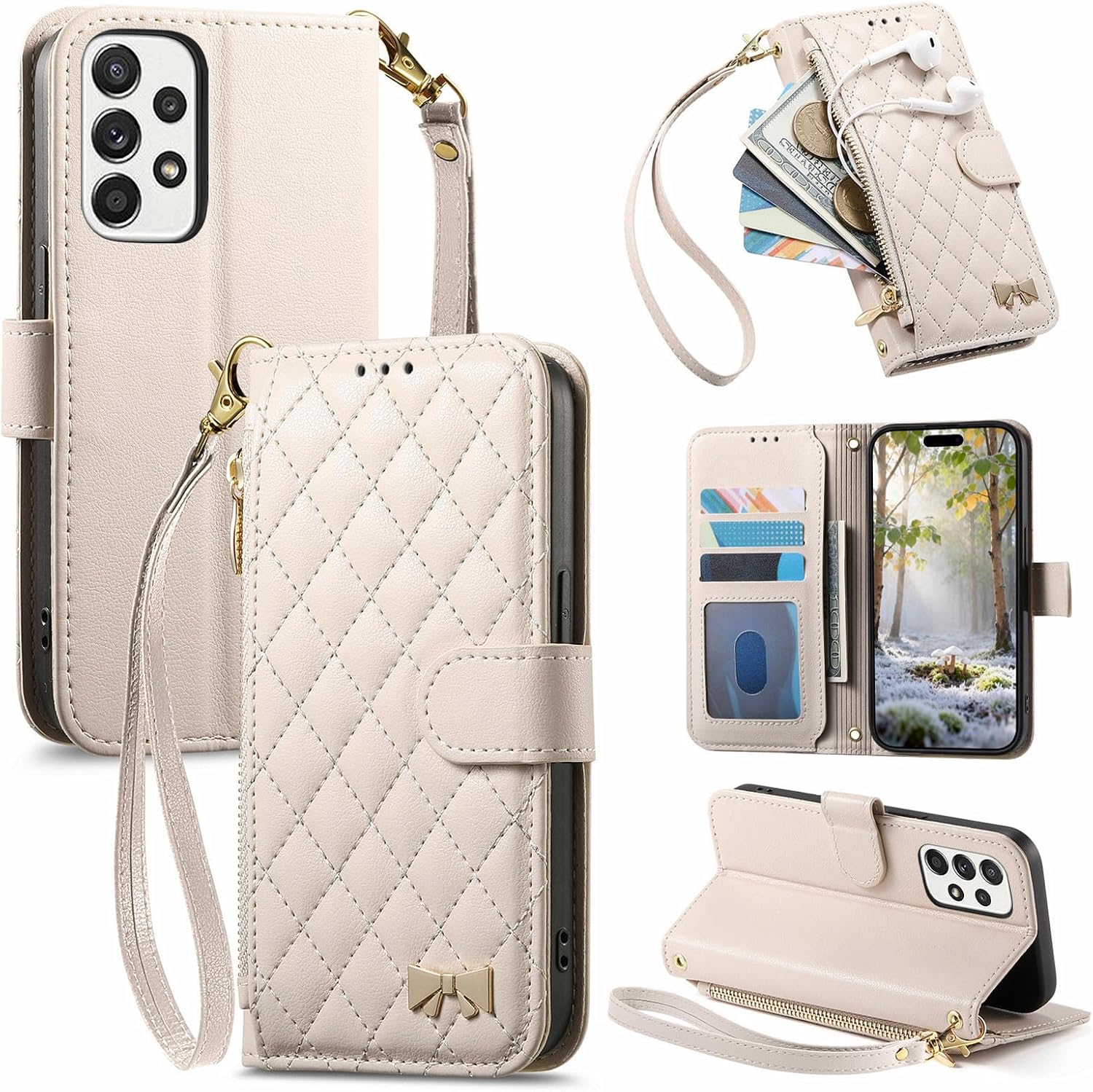Compatible with Samsung Galaxy A23 5G / A23 4G Compatible with Samsung Galaxy F23 E236B / M23 M236B / M13 4G Flip Kickstand Zipper Wallet with a Lanyard and Magnetic Closure Phone Case White
