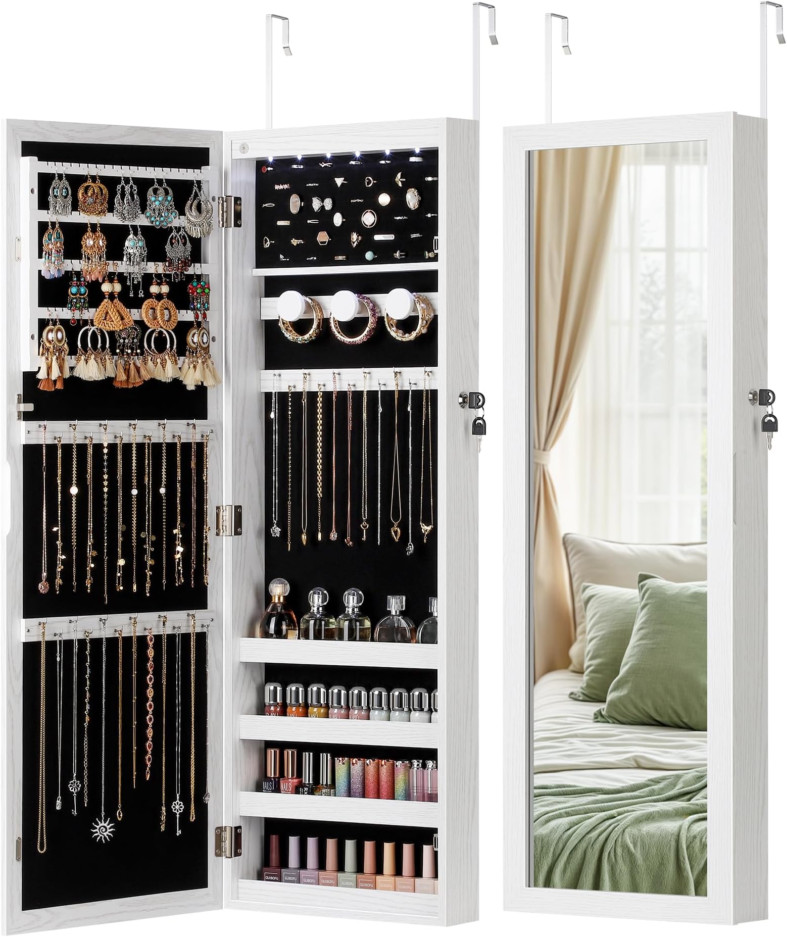 Nicetree LED Jewelry Mirror Cabinet,Lockable Jewelry Armoire with Light,Wall/Door Mounted Jewelry Organizer with Full Length Mirror,Large Capacity Jewelry Cabinet,Textured White with Grain