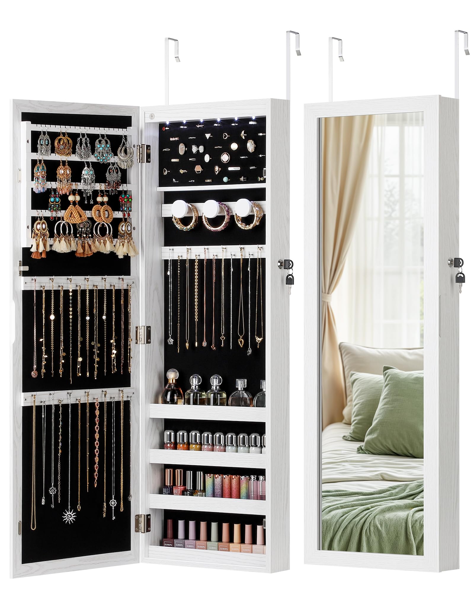 Nicetree LED Jewelry Mirror Cabinet,Lockable Jewelry Armoire with Light,Wall/Door Mounted Jewelry Organizer with Full Length Mirror,Large Capacity Jewelry Cabinet,Textured White with Grain