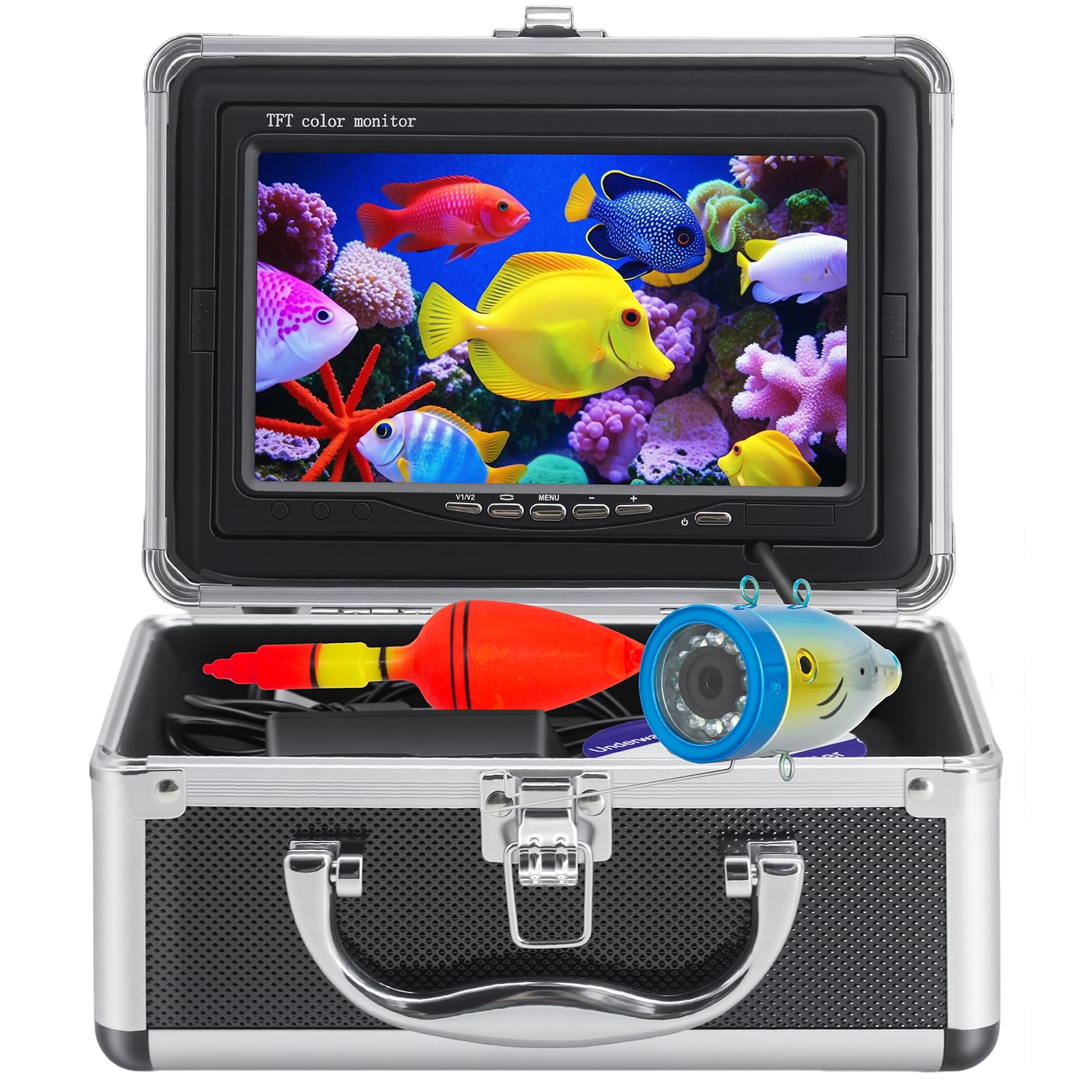 Underwater Fishing Camera, Portable Fish Finder with 7" LCD Monitor, IP68 Waterproof 1200TVL HD Fishing Camera with 12pcs White Lights for Lake Kayak Boat Ice Dark Fishing (98ft/30M Cable)