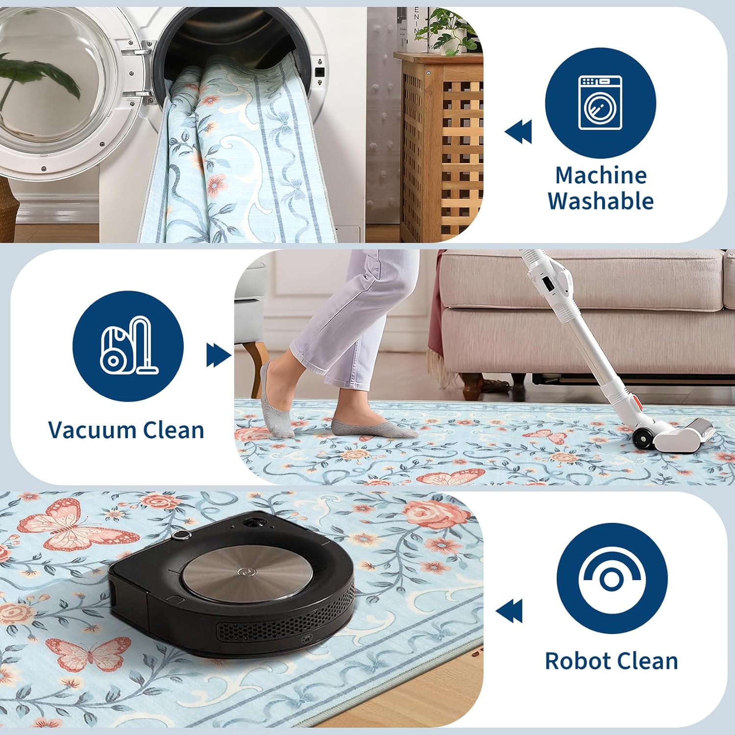 GarveeHome Washable Floral Area Rug 5x7 for Living Room Non Slip Bedroom Rug Soft Stain Resistant Large Dining Room Throw Carpet Low Pile Blue Bow Rugs Butterfly Flower Carpet for Nursery Entry, 5x7