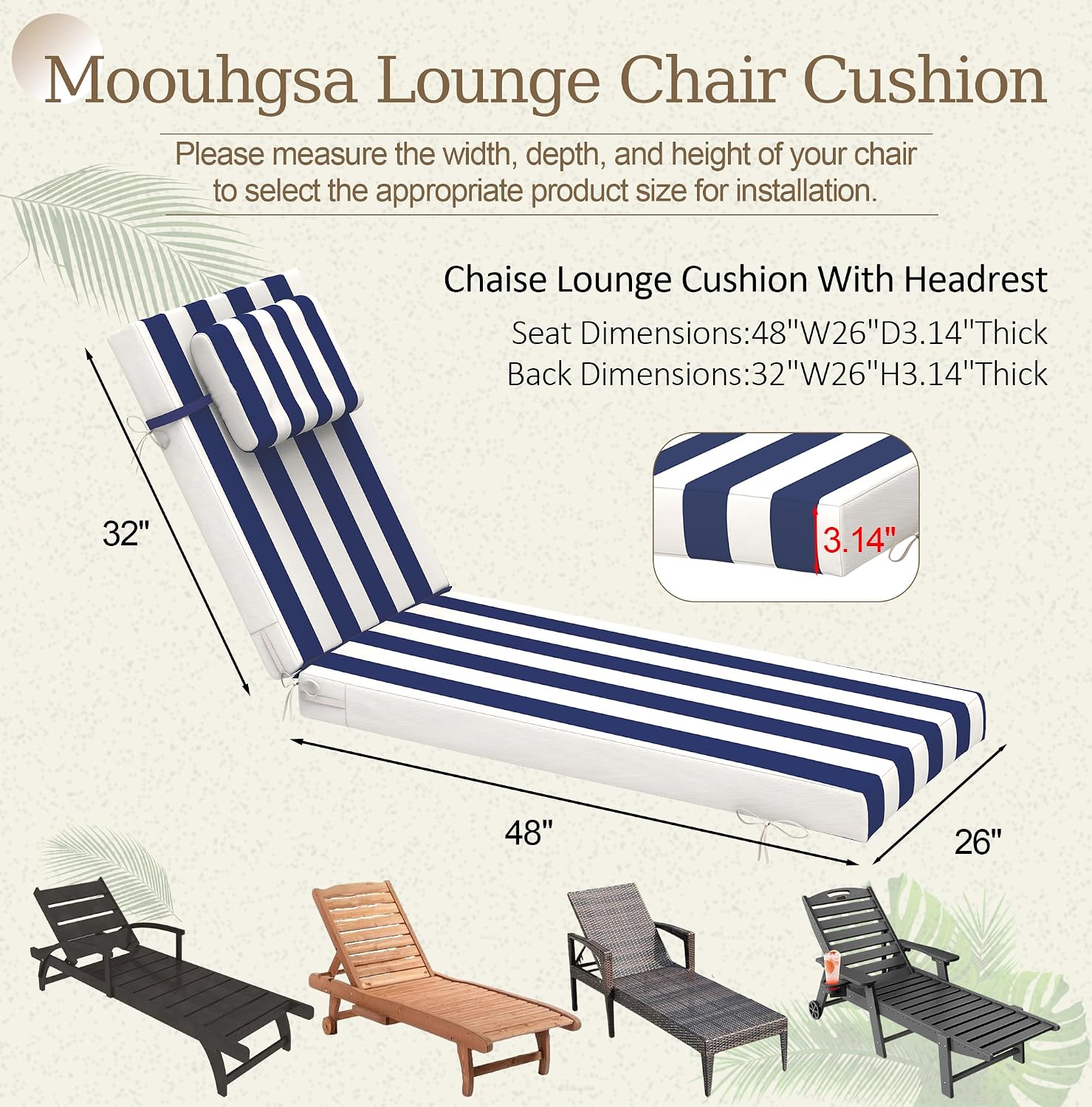 Chaise Lounge Cushion Outdoor 80"x26"x3" Outdoor Chaise Cushions Set of 2,Fade Resistant Pool Chaise Lounge Cushions with Removable Cover for Patio, Pool, Lawn, Blue & White Striped