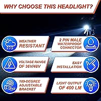 Vista 6 de Faro eléctrico para bicicleta, 4 piezas LED de 400 lúmenes, compatible con 24 V, 36 V, 48 V, conector impermeable de 2 pines, luz delantera