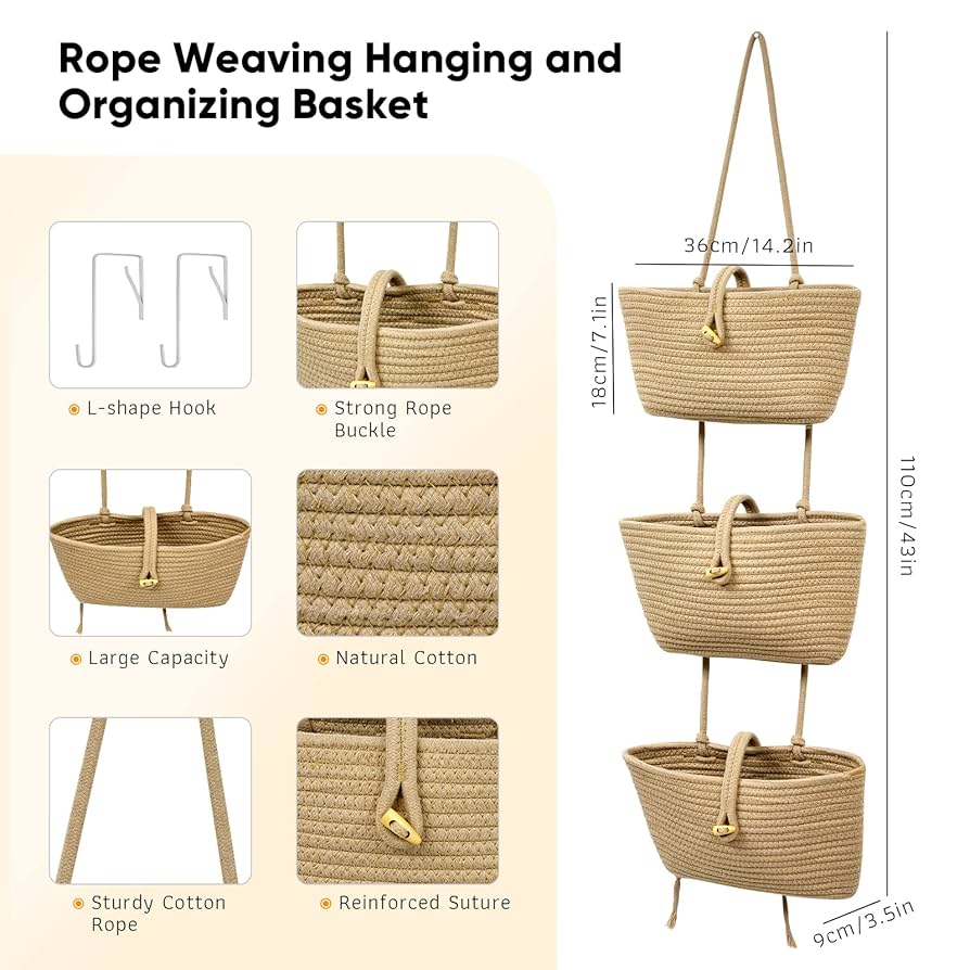 PATIKIL Hanging Basket Over The Door, 3-Tier Hanging Woven Cotton Rope