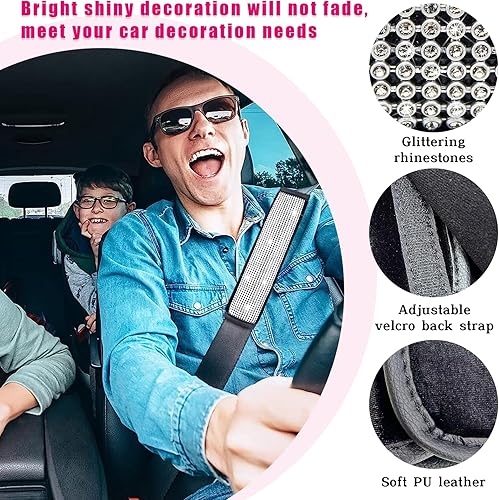 Miniatura 3 de Kewucn Almohadillas de hombro para cinturón de seguridad de automóvil, fundas de cuero sintético con diamantes de imitación y anillo de botón de