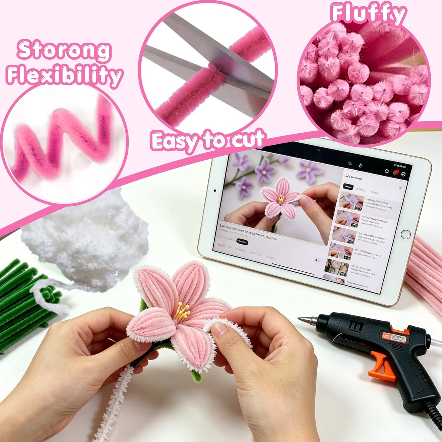 Pink Pipe Cleaner Flower Kit,300 Chenille Stems in 5 Colours,1 Wool,15 Green Floral Wire,50 Pearls,100 Stamen,2 Floral Tape,2 Wrapping Paper &Instructions