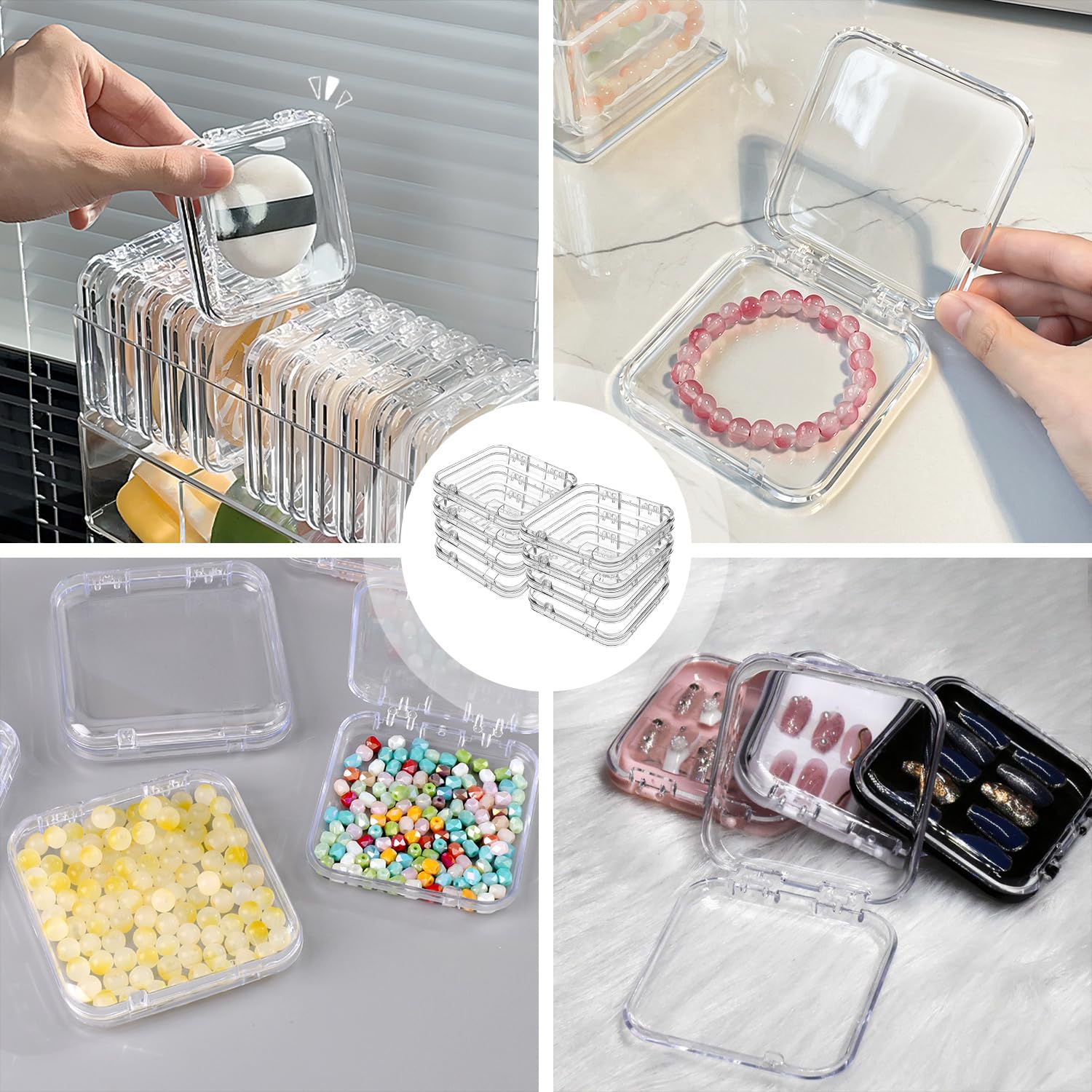 8 Pièces Boîtes de Rangement pour Ongles, avec 30 Rubans Adhésifs Double Face, Boîte Rangement Transparente, Présentoir pour Presse à Ongles, pour Nail Art Portable