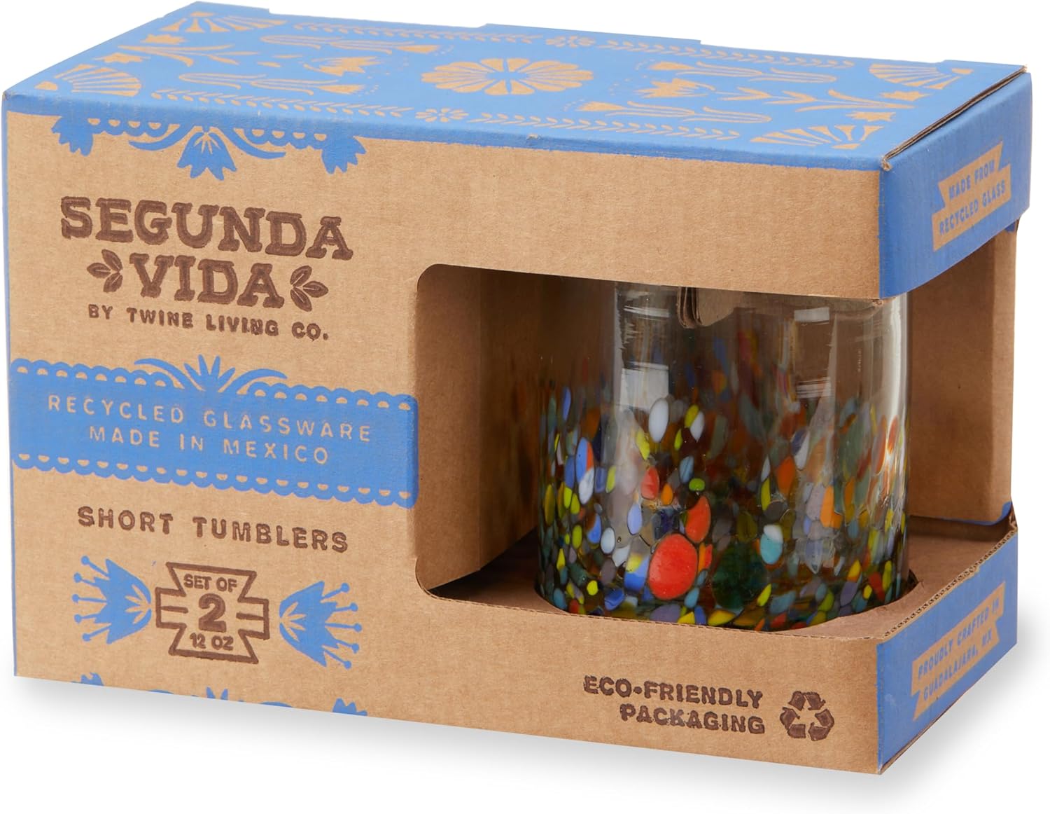 Twine Segunda Vida Artistico 100% Recycled Glassware Tumblers, Hand Blown Cocktail Glasses for Dinner Party, Icon Glasses Gifts, Stemless Margarita Mexican Glassware, Set of 2, 13 oz, Multicolor