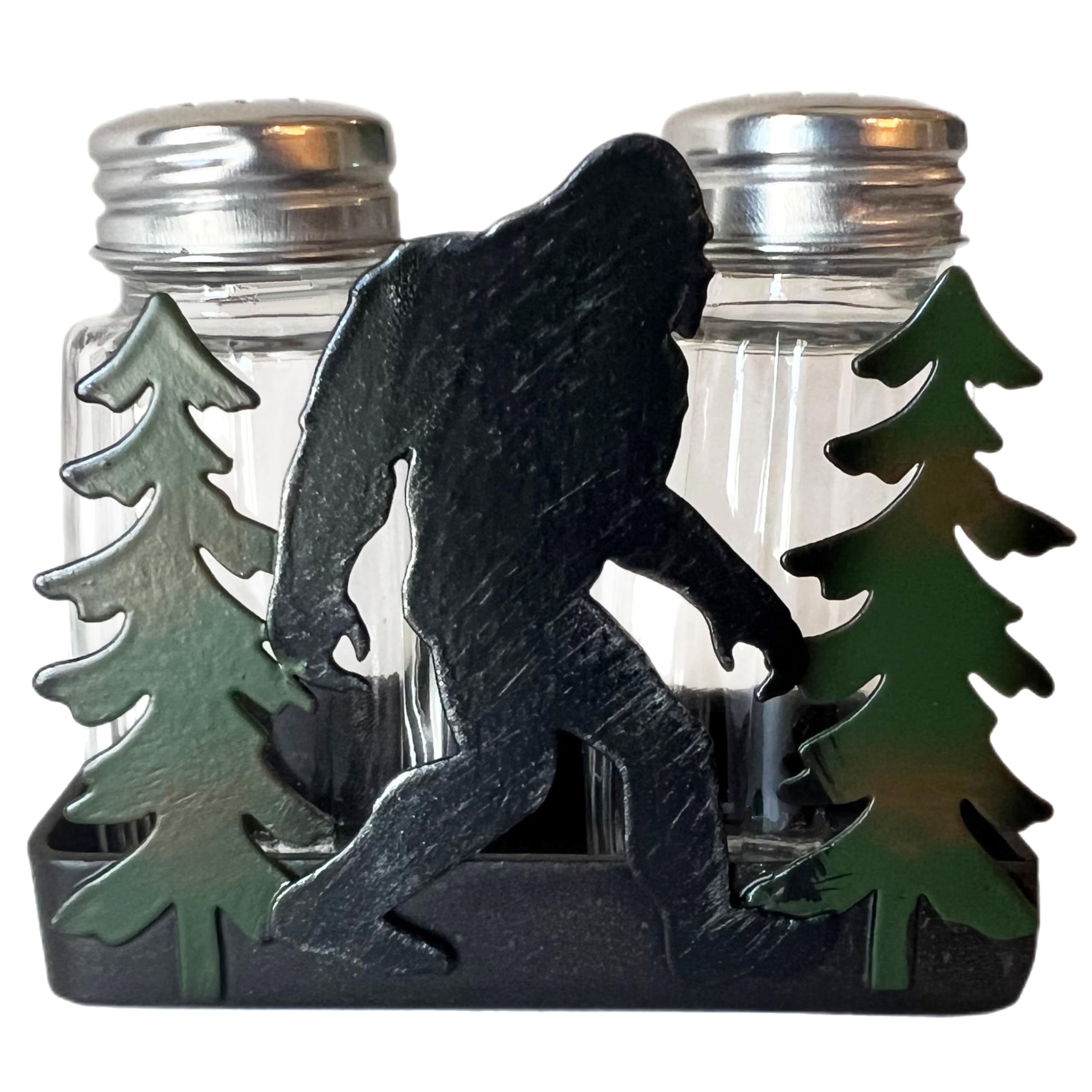 Bigfoot Sasquatch Yeti Salt & Pepper Shaker Set - Metal Silhouette Wilderness Scene with Glass Shakers - Cabin Lodge Mountain Art Decor