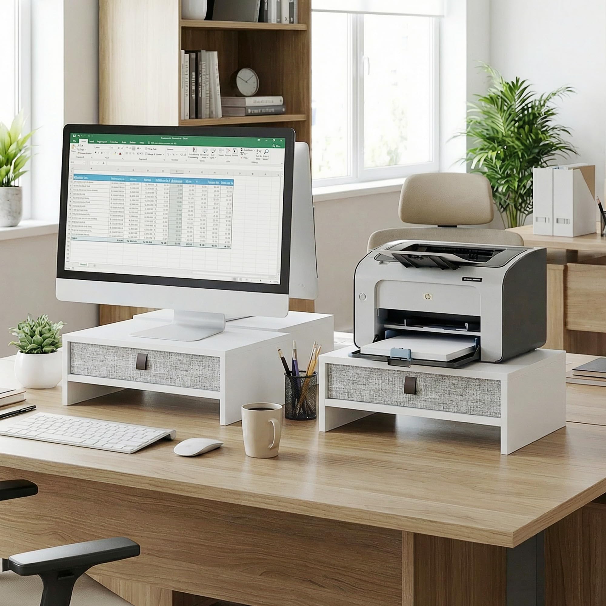 Fenge Supporto per Monitor con Cassetto, 42.5cm Rialzo Monitor da Scrivania, Organizzatore desktop per PC / Laptop / Stampante, 42,5 × 23,5 × 14,2 cm, Capacità di Carico 20KG (Bianco)