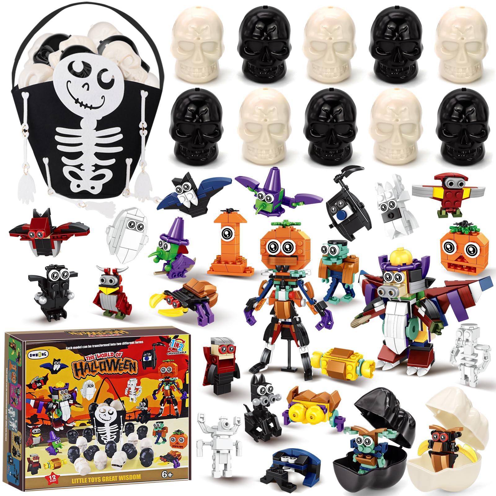 Halloween Party Bag Fillers for Kids 12 Prefilled Skeleton Skulls with 12Pcs 2- in-1-Halloween Building Blocks Toys &1 Goodie Bag