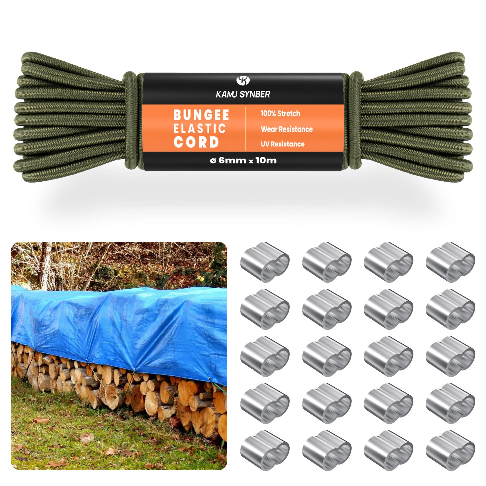 Kamu Synber Army Green 6Mm X 10M Bungee Cord Elastic Shock Cord Bungee Rope For Trailer, Tarpaulin, Camping, Kayak, Luggage | 20 X Aluminum Loops |