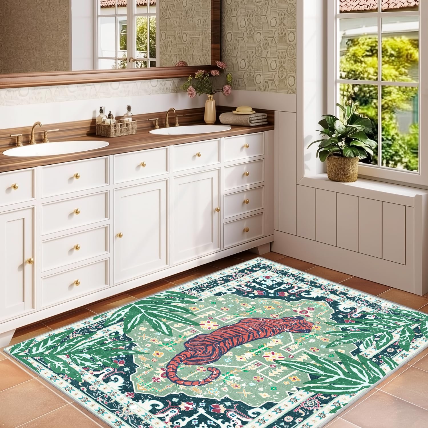 Green 3x5 Tiger Rug Washable Non-Slip Boho Vintage Jungle Rug Whimsical Animal Print Soft Cozy Tropical Woodland Carpet for Bedroom Laundry Room Kitchen Hallway Entryway