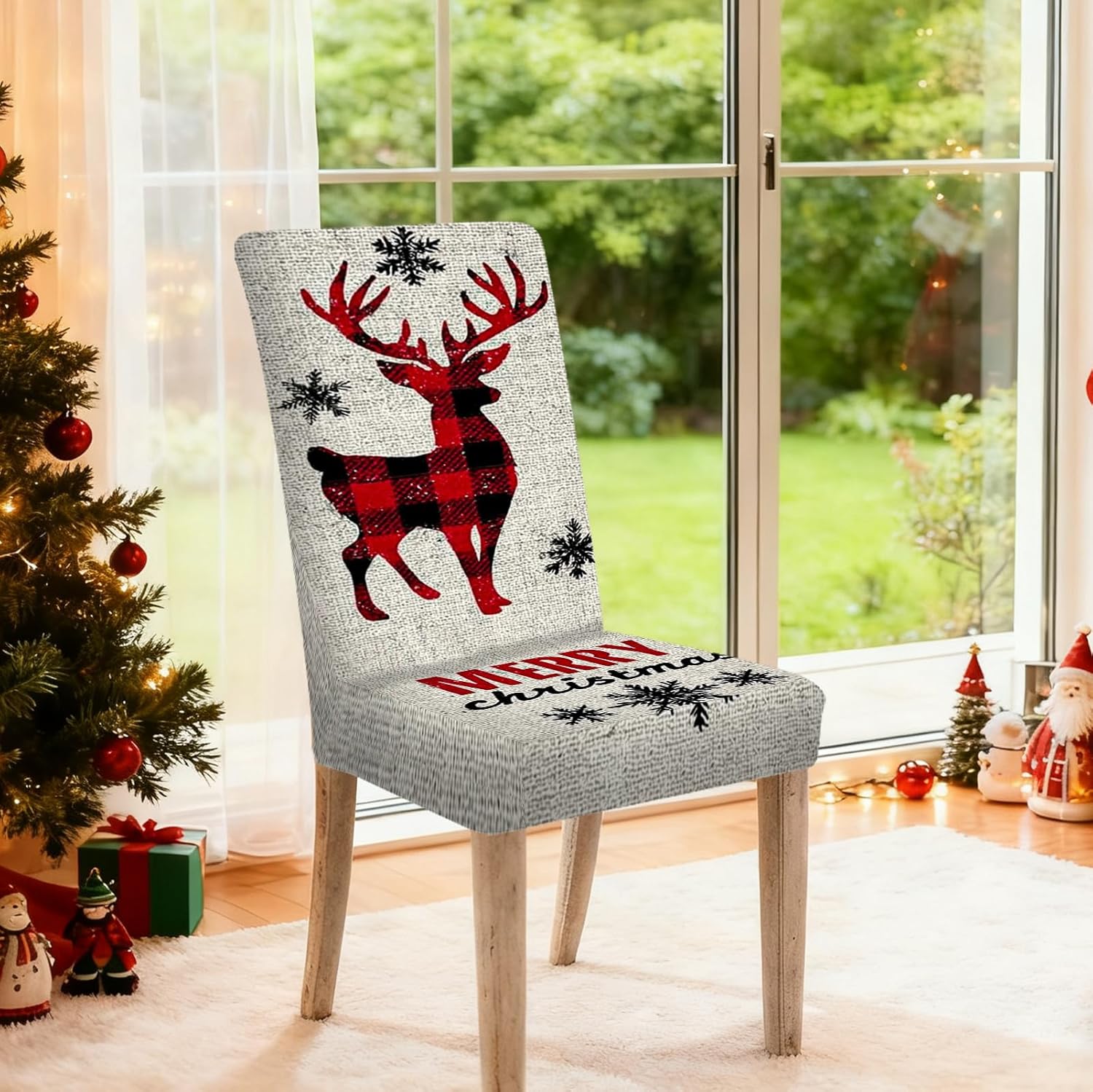 Nuxovilar Plaid Reindeer Christmas Chair Covers Stretch 23.6x70 Inches - Dining Chair Slipcovers Set of 6, Festive Xmas Decor for Home Kitchen Holiday Gatherings