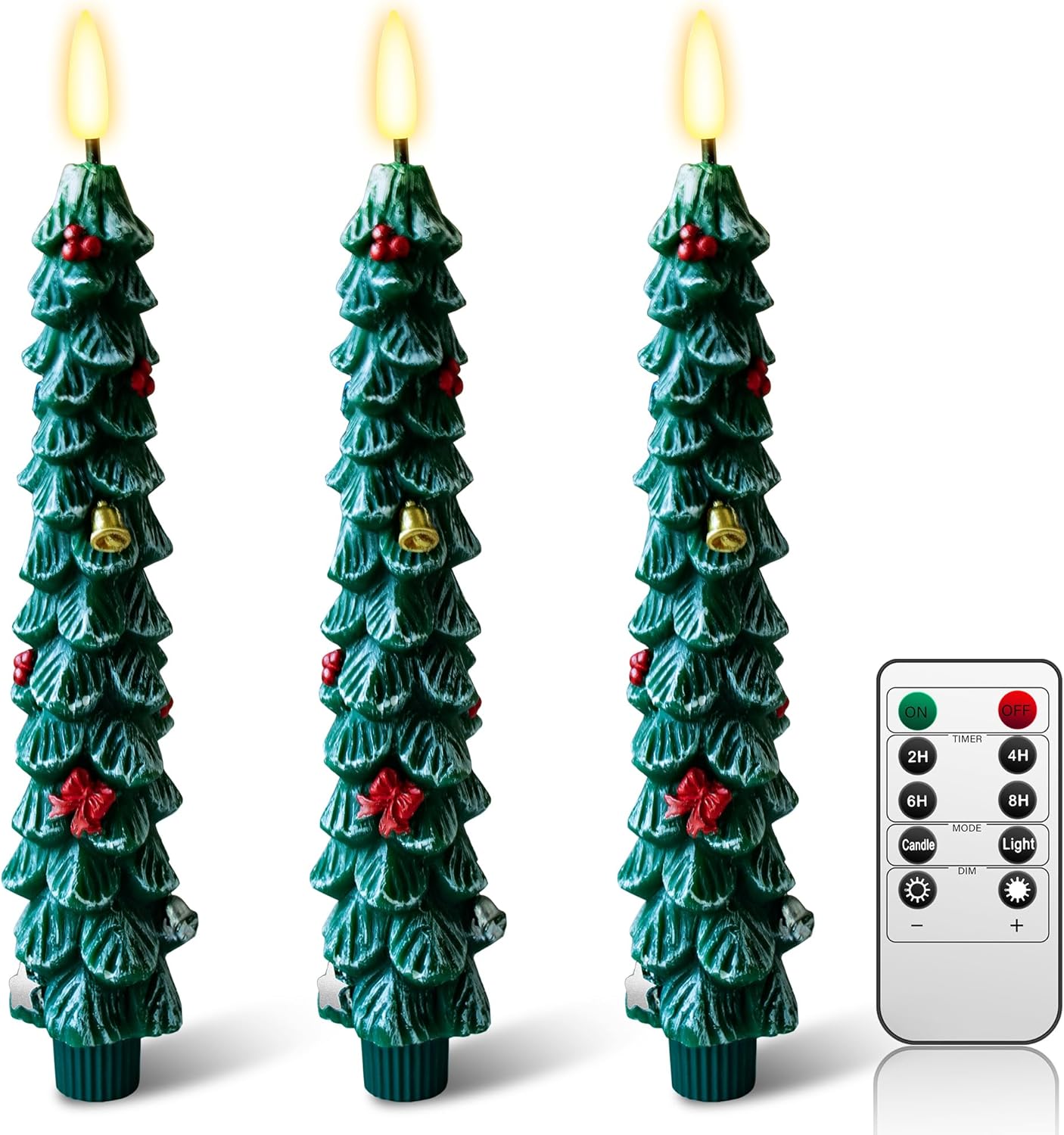 3 Pack Flameless Christmas Tree Candles, 9.8 Inchs Christmas Taper Candles with Remote and 24H Cycle Timer, Real Wax Christmas Tree LED Candle 3D Flame for Tabletop, Windows, Fireplace Decor