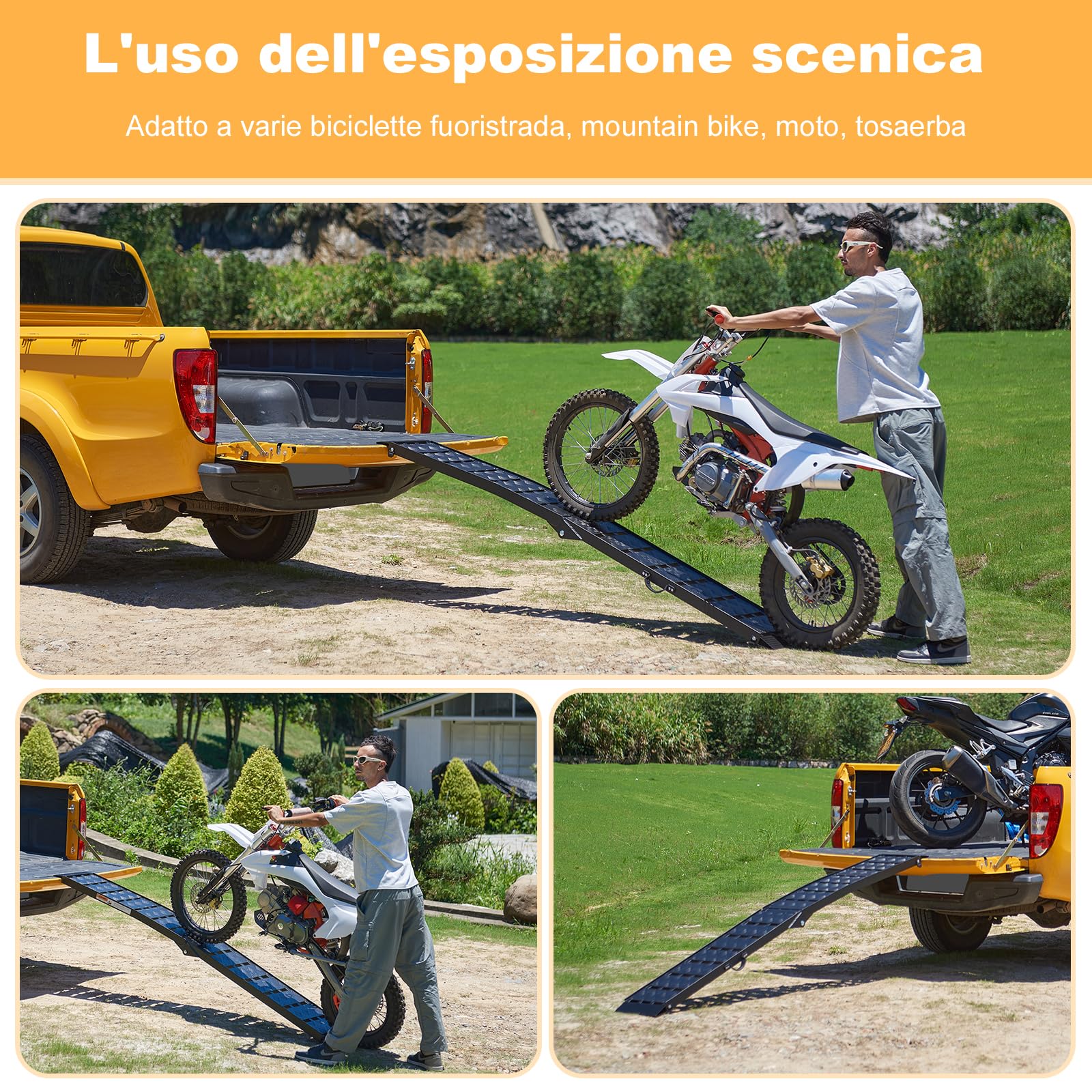 gardhom Rampa Moto Robusta Pieghevole 340Kg Alluminio Rampe per Auto Portatile 228X28X4.5cm Rampe Di Carico per Adatta A Tosaerba, Biciclette e Quad