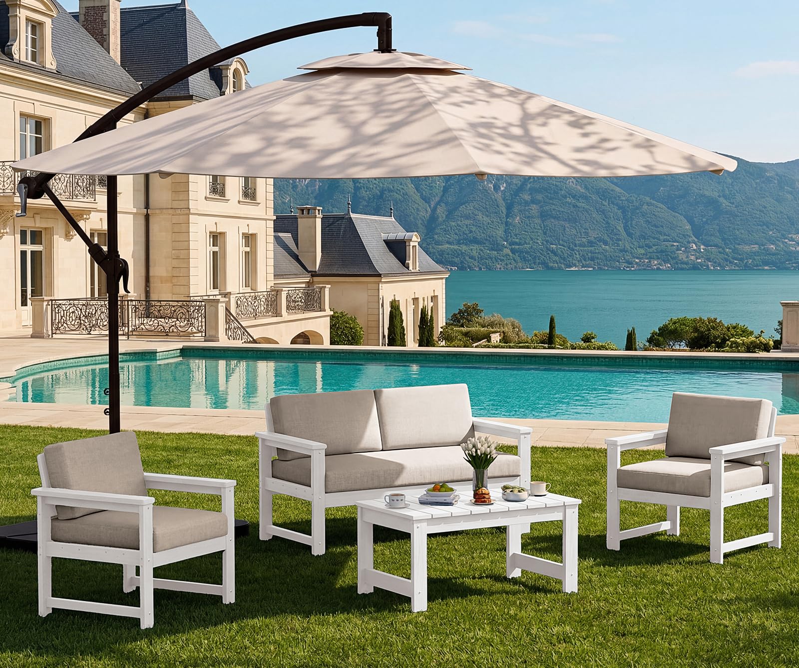 SERWALL 4 Pieces HDPE Outdoor Loveseat Sofa Set with 10FT Patio Umbrella