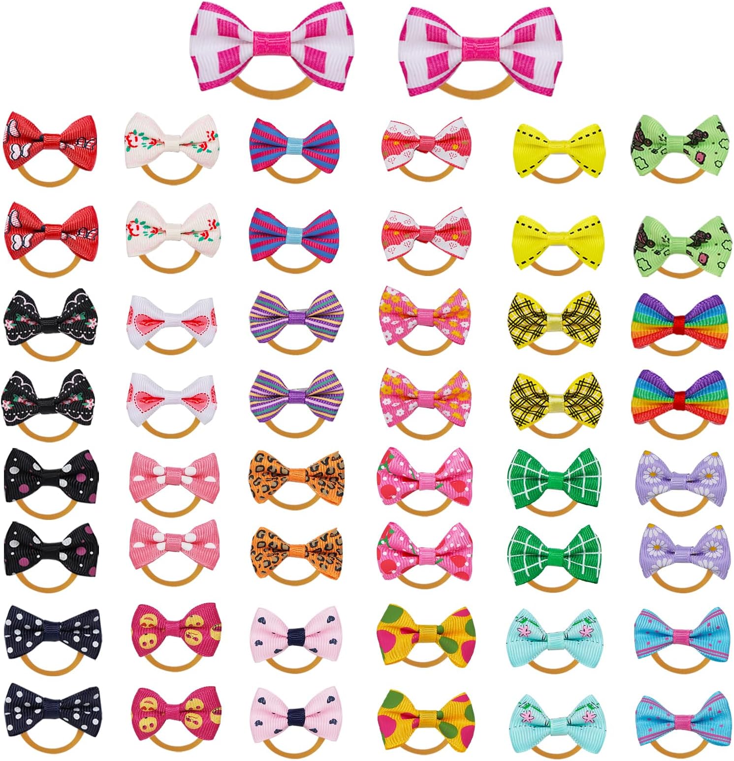 Chenkou Craft50pcs/25pairs New Dog Hair Bows With Rubber Band Bow Pet Grooming Products Mix Colors Varies Patterns Pet Hair Bows Dog Accessories