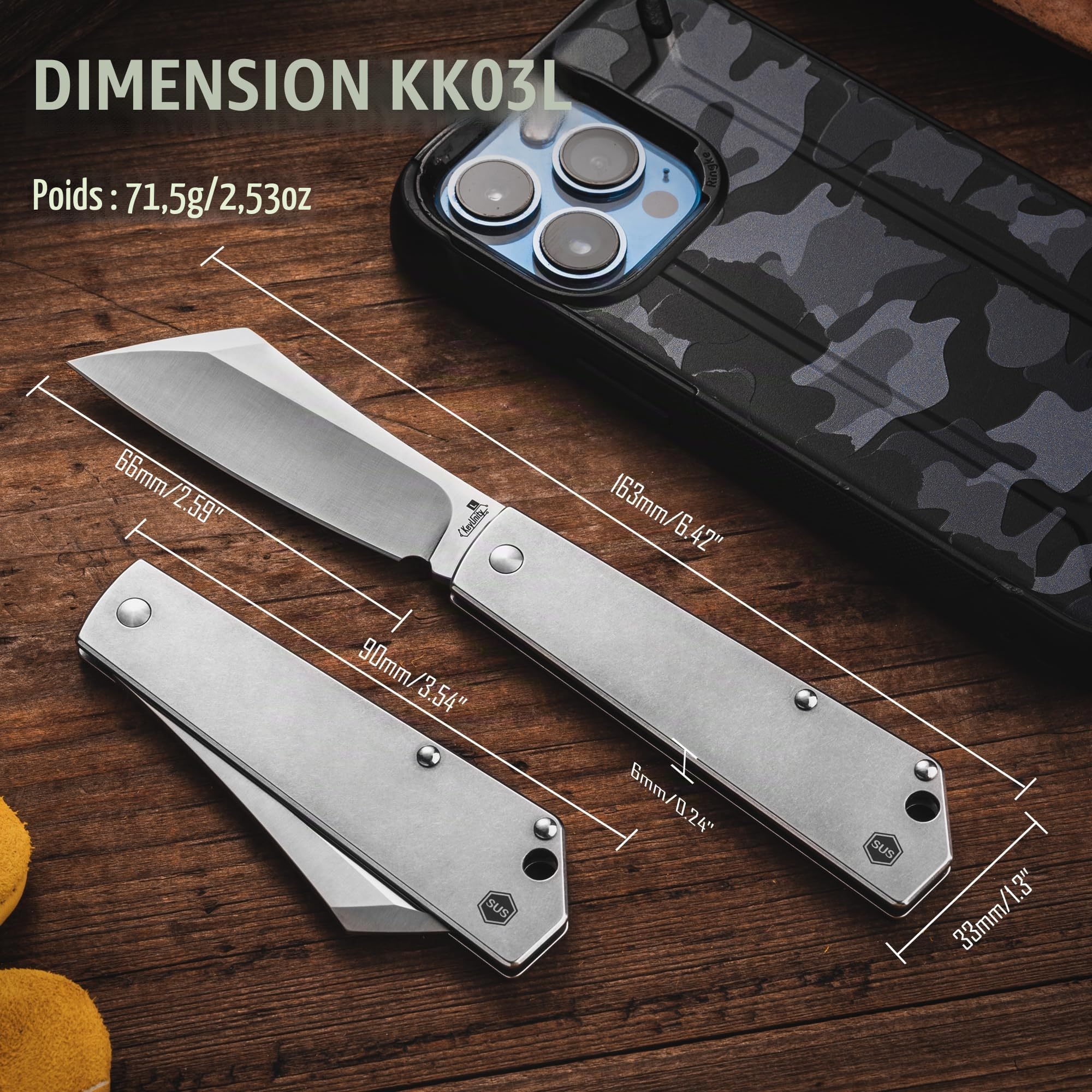 KeyUnity KK03L petit couteau pliant couteau à lame fixe, couteau de poche EDC en acier inoxydable pour hommes et femmes