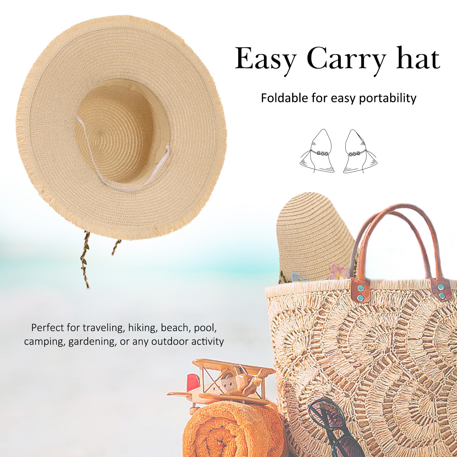 LY4U Cappello di Paglia da Donna, Cappelli da Sole da Donna UPF 50, Cappello da Spiaggia Estivo per Ragazza, Cappello da Viaggio Arrotolabile Floscio