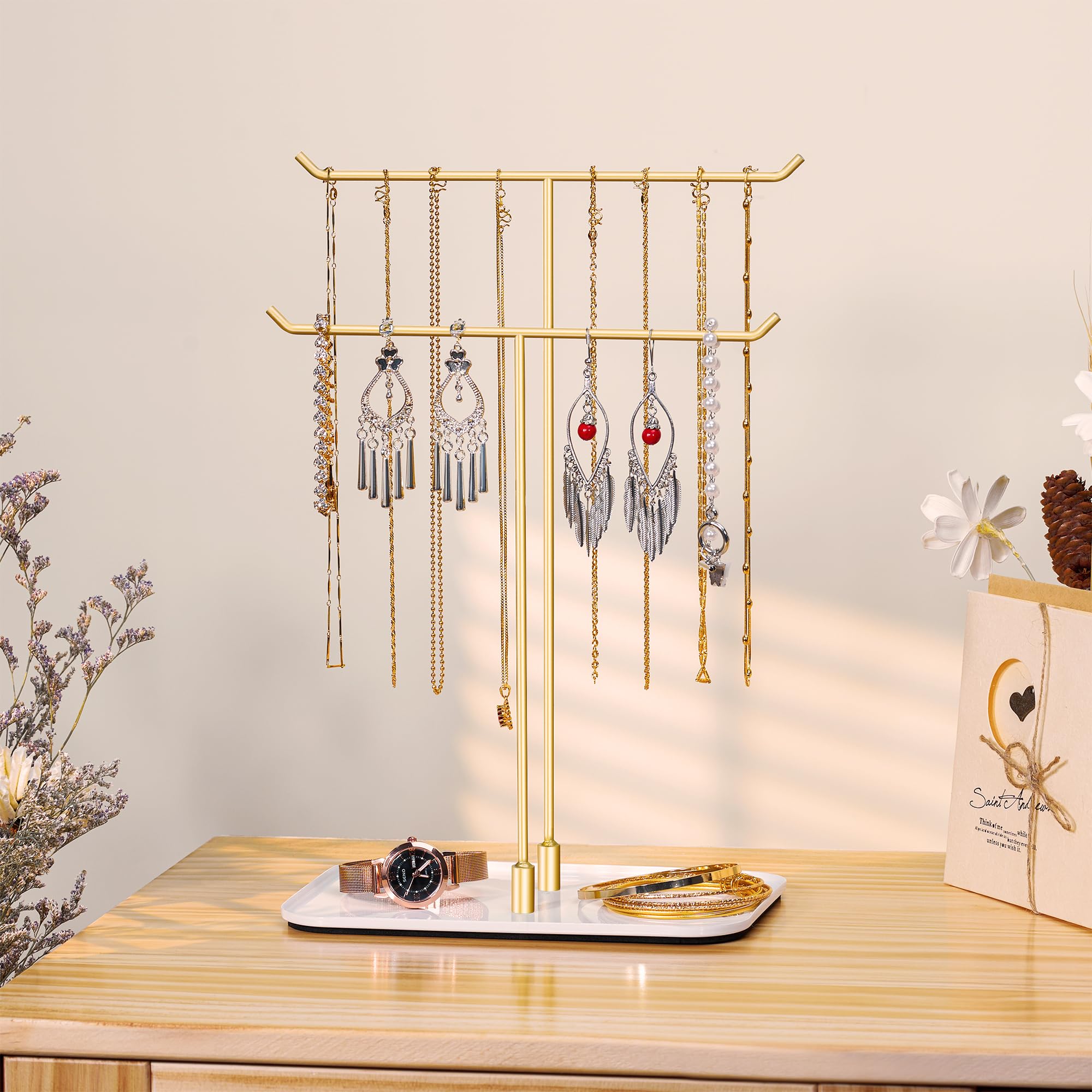 Josmimic Soporte para joyas, bandeja para joyas, organizador de joyas para collares, pulseras, pendientes, anillos, idea de regalo, dorado