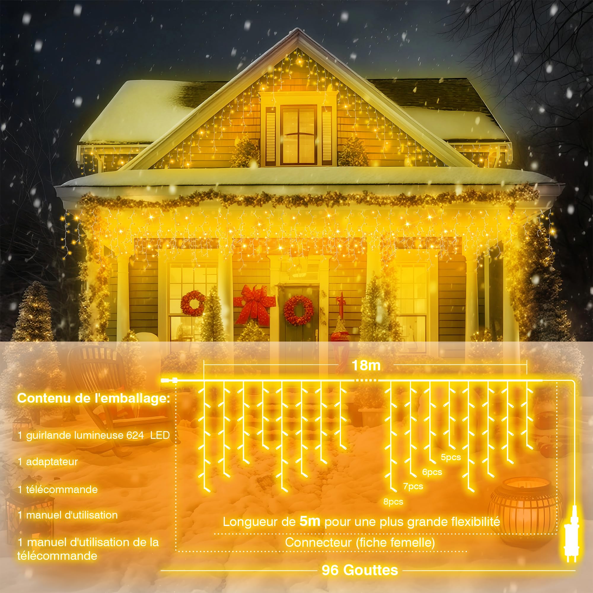 Xahpower 624 LED Guirlande Lumineuse, 18 m Lumières de Noël en Forme de Glaçon Cascade, 8 Modes, 4 Régler la Luminosité, Éclairage de Noël pour Mariage, Fenêtre, Jardin