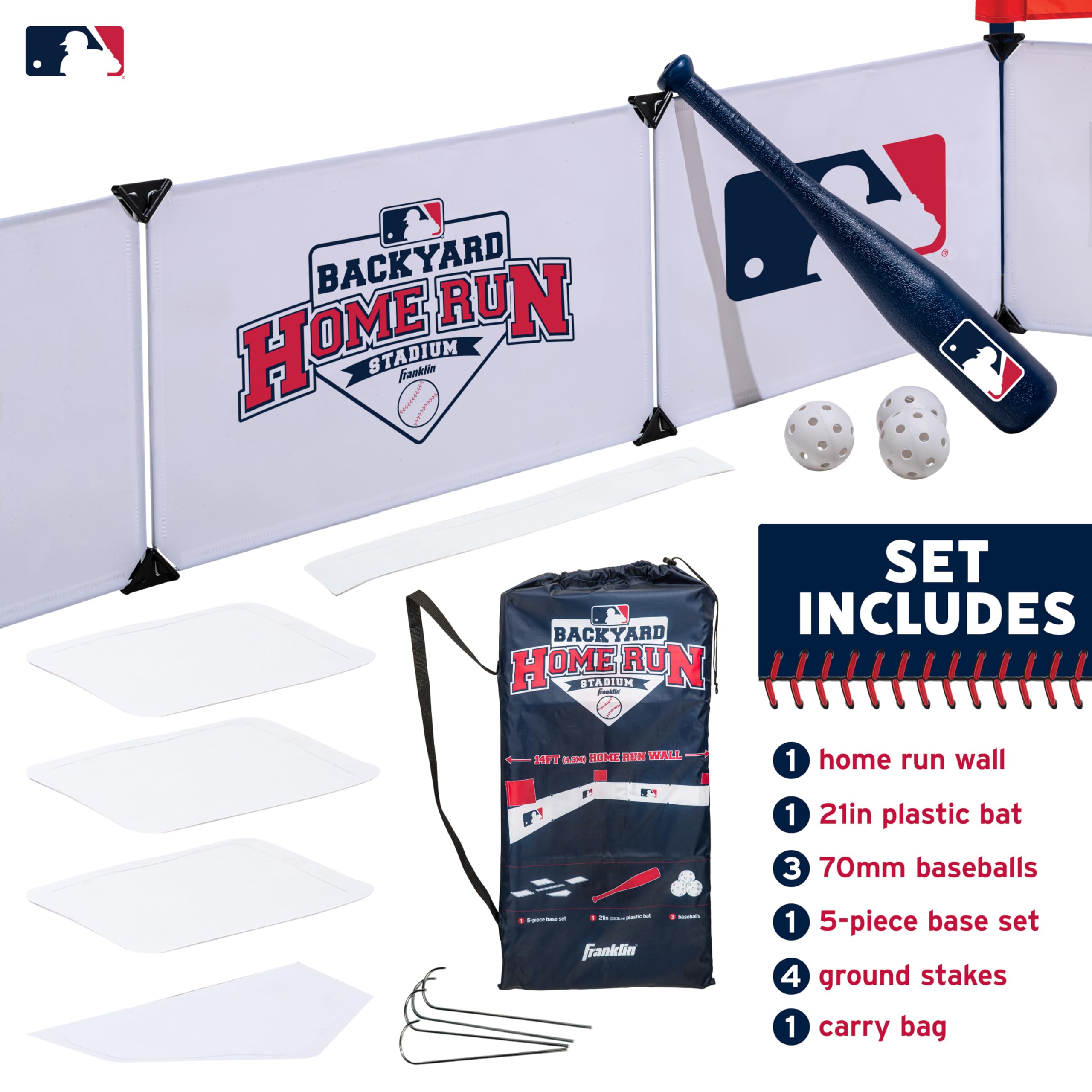 Franklin Sports MLB Kids Backyard Baseball Stadium - Kids Plastic Baseball Set with Home Run Walls, Bat, Plastic Balls + Throw Down Bases - 14' Fence for Backyard Diamond