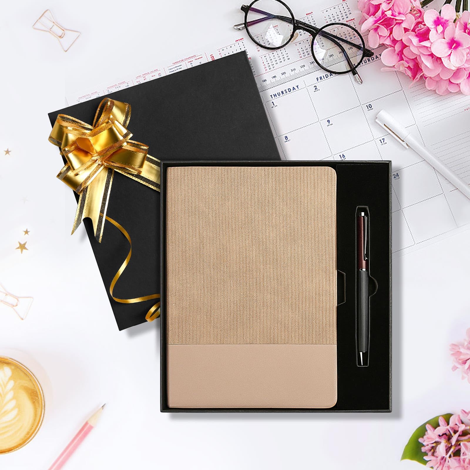 Carnet ligné A5 avec stylo et coffret cadeau, 216 pages en cuir synthétique pour homme et femme, papier épais de 100 g/m², pour l'école, les voyages, les affaires, le travail, l'écriture à