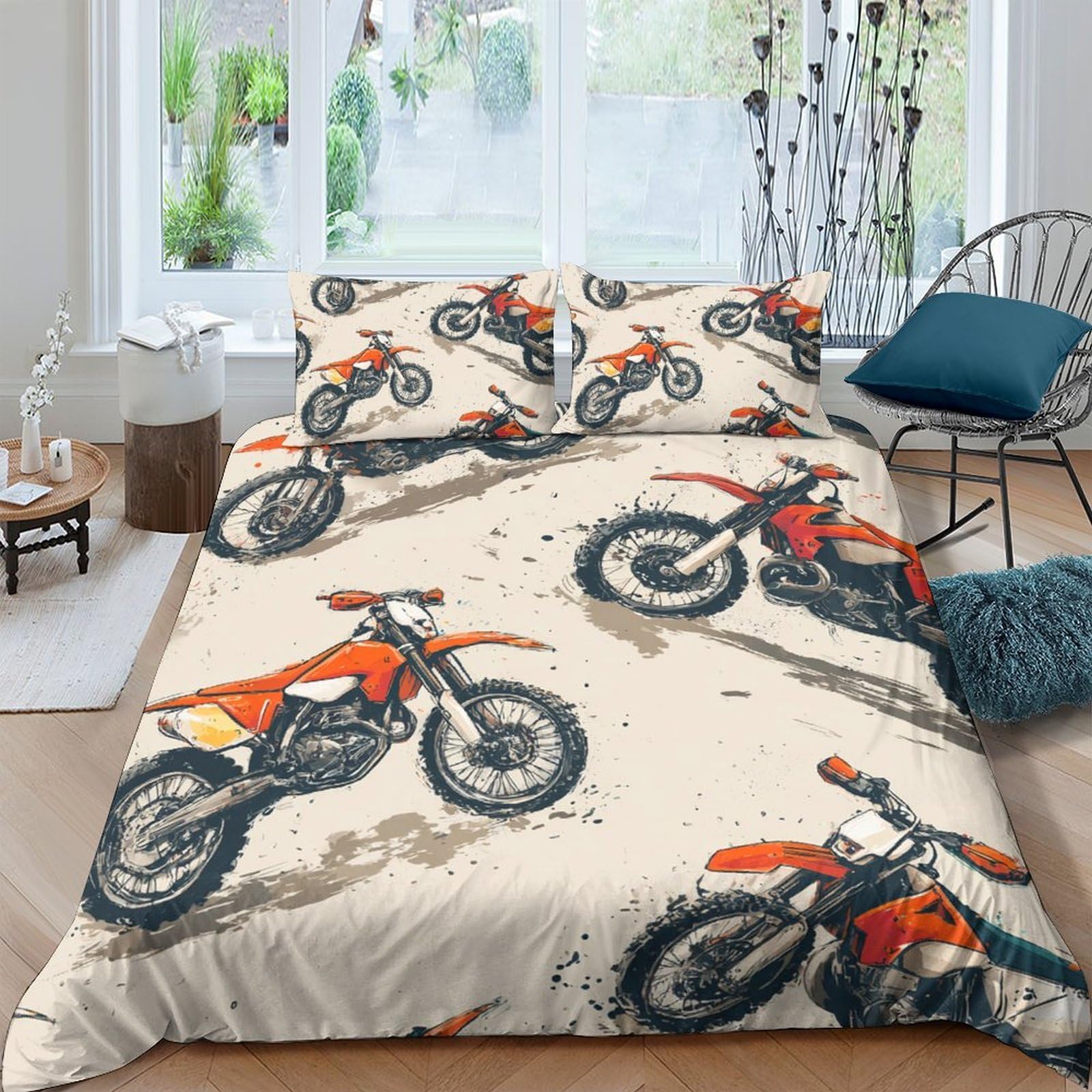Ctjqhvkz Style-9 3D Printed Orange Dirt Bike Fitted Sheet Microfiber Soft Bed Cover Motocross Decor For Bedroom Guestroom Single（135X200cm）