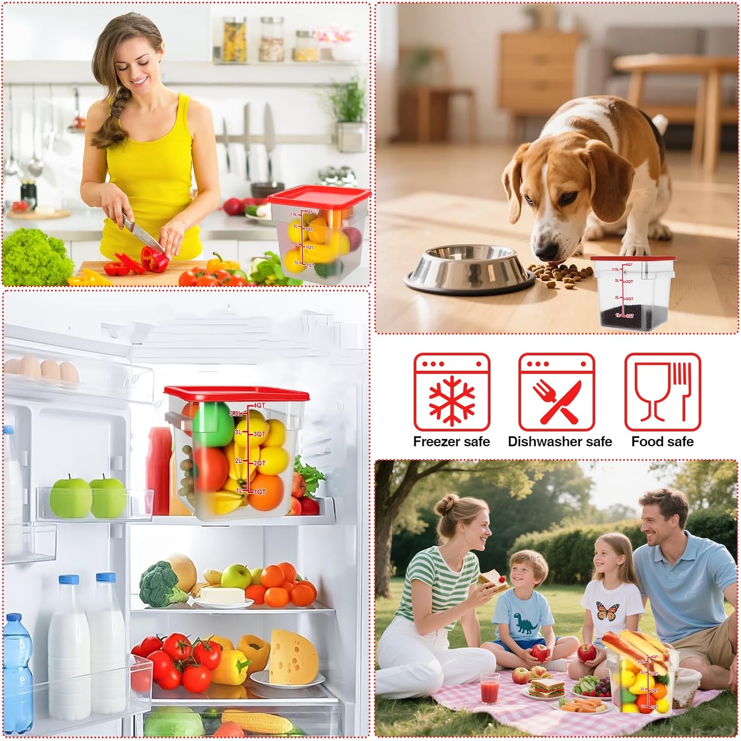 Square Food Storage Containers with Lids 4-Pack, Lock-Tight Seal for Flour, Sugar, Cereal, Keep Food Fresh, BPA-Free Stackable Kitchen Canisters with Measurements (Red, 4QT-4PACK)