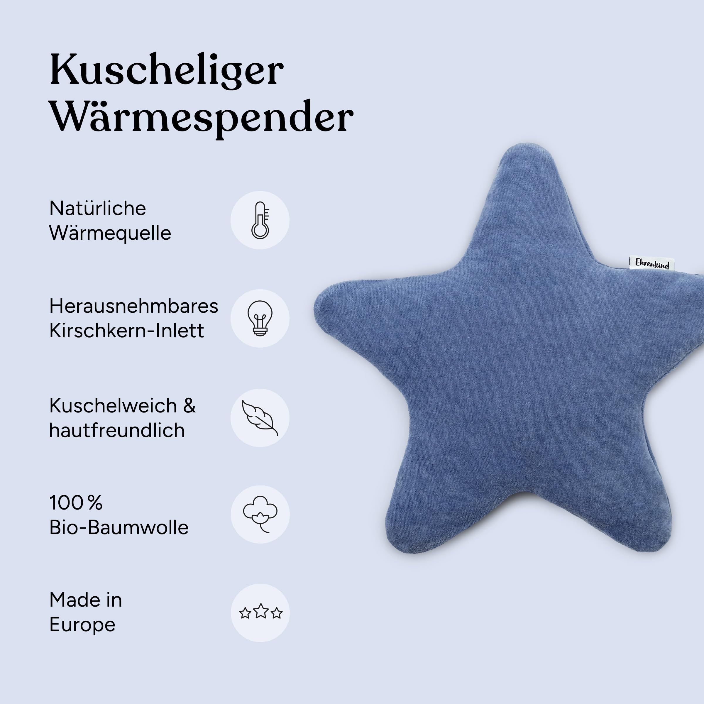 Ehrenkind® Wärmekissen Stern aus 100% Bio-Baumwolle Nickistoff | Kirschkernkissen für Babys & Kinder | Natürliches Wärme- & Kühlkissen mit herausnehmbarem Inlett | Sternform Rosé | Made in Europe