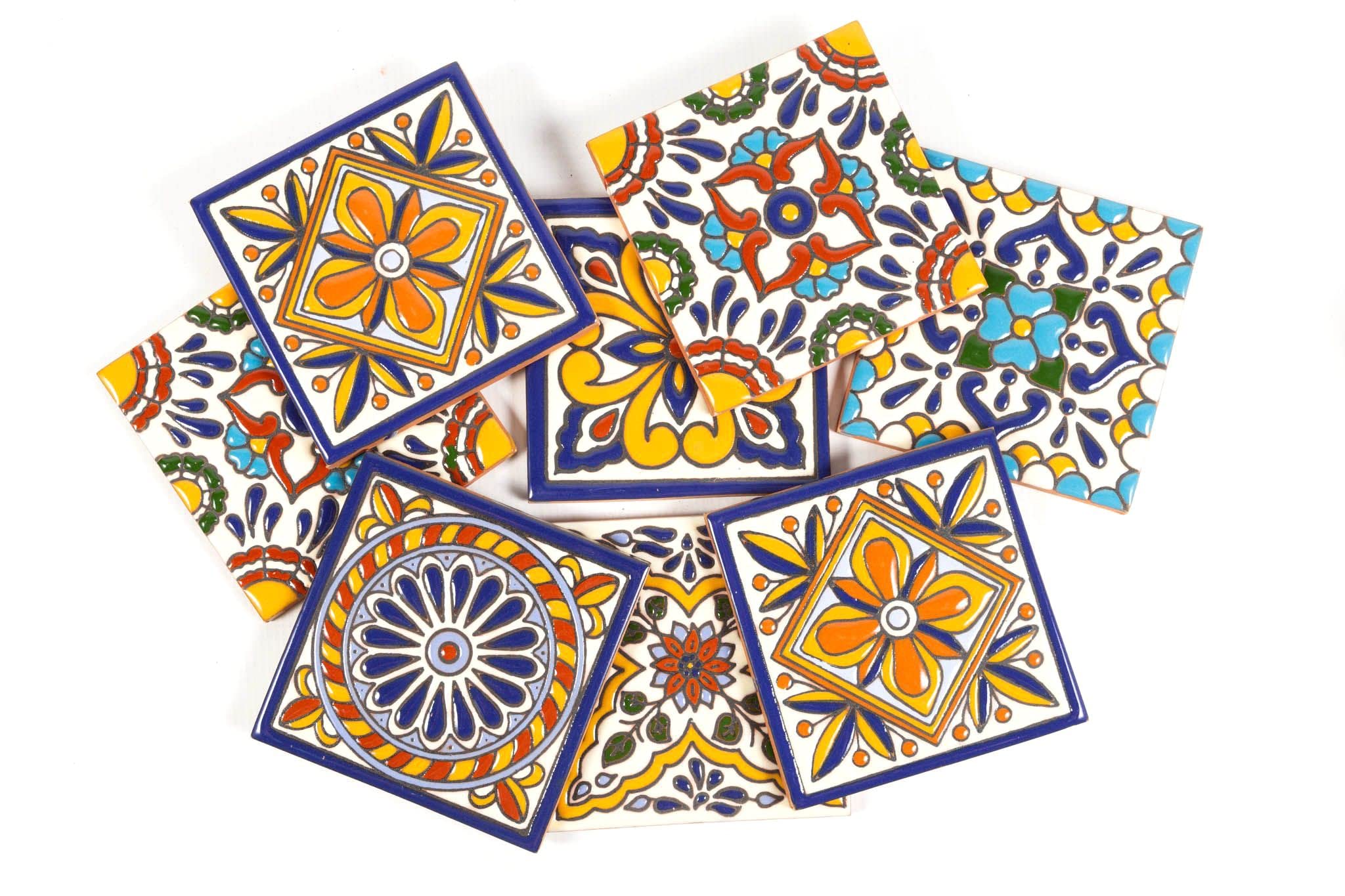 Cerames azulejos de mosaico Talavera Felipe Relieve - 30 azulejos decorativos de cerámica mexicana para baño, ducha, escaleras, pared posterior de la cocina | azulejos de mexicanos 10,5x10,5 cm