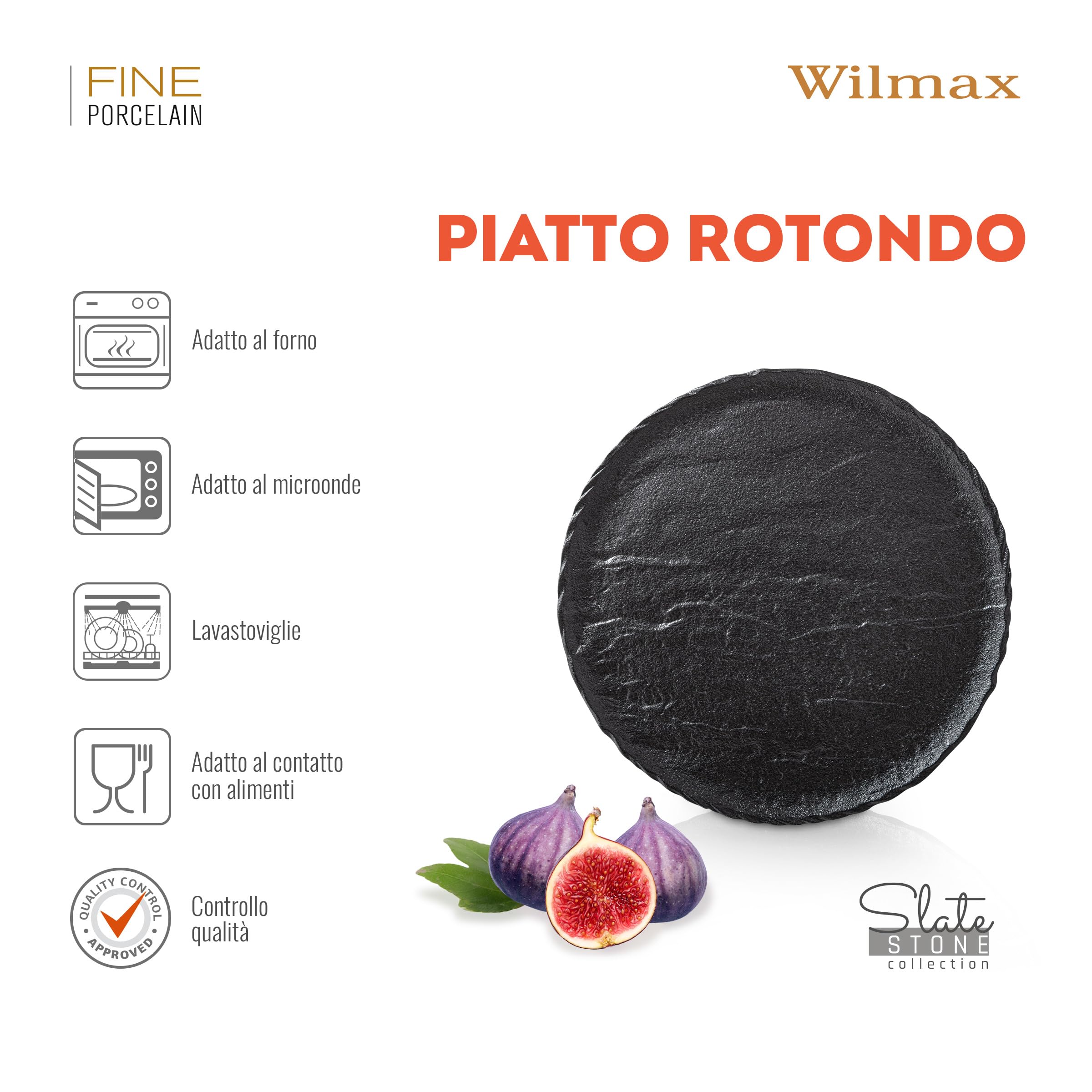 Wilmax - Piatti - 6 pezzi in porcellana - piatto piani neri - Imitazione pietra - Usi domestici e ristorazione - Smalti a mano - Lavabili in lavastoviglie