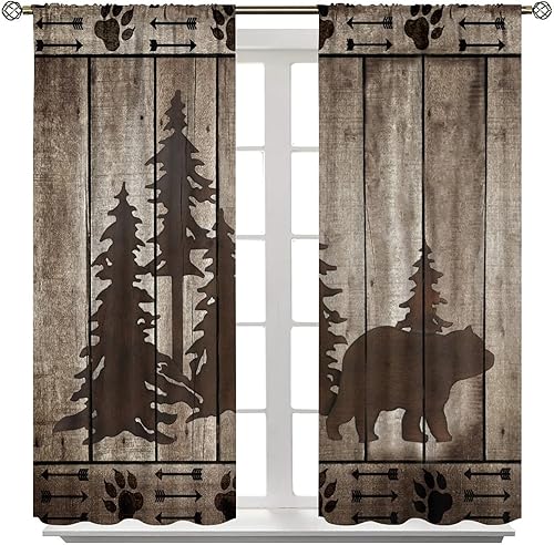 Miniatura 8 de Cortinas opacas de oso para ventana de cocina, estilo rústico, bosque de pinos, animales salvajes, oso negro, tablero de madera retro, estilo