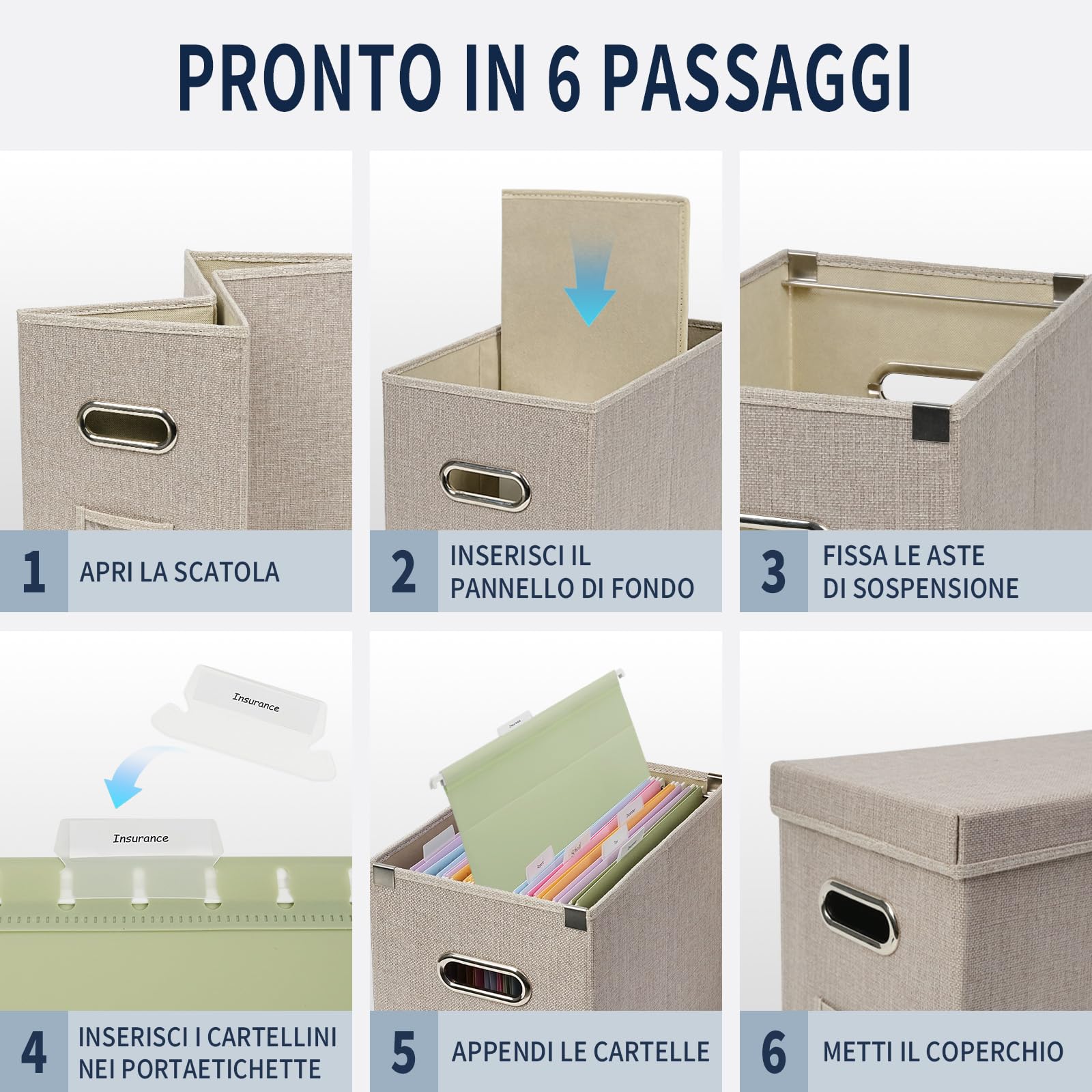 Scatola Portadocumenti con 15 Cartelle Sospese, Coperchio Asportabile, Barre Scorrevoli in Acciaio Inox, Etichette Adesive, Organizzatore da Scrivania Pieghevole per Ufficio e Casa